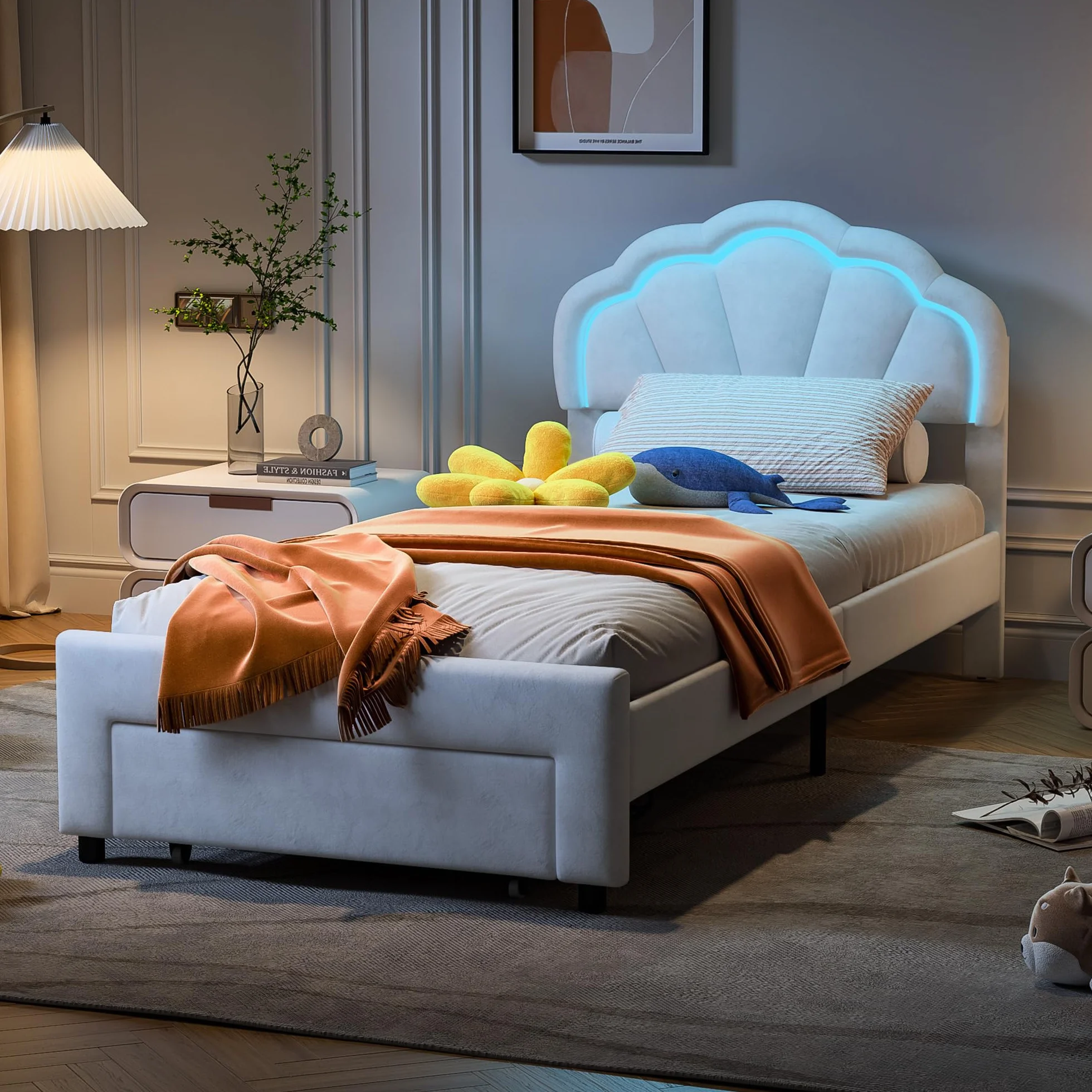 DADEA Cama de Niña Princesa LED con Cajones, Camas Individuales 90x200 Infantiles, Cama Infantil Niña90x200 con Cabecero Cama Niña Adolescente con SomierCamas Infantiles Moderna, Sin colchón