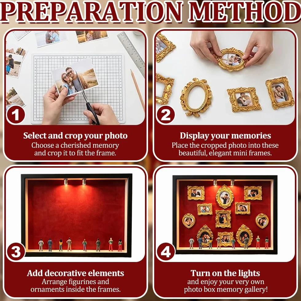 Mini Museo Fotos, HOVCEH Museum of Us con 8 Figuras, Creativa DIY Mini Marcos de Fotos Vintage con Iluminación, Museo en Miniatura Regalo Ideal para Bodas, Parejas y Exposiciones Fotográficas