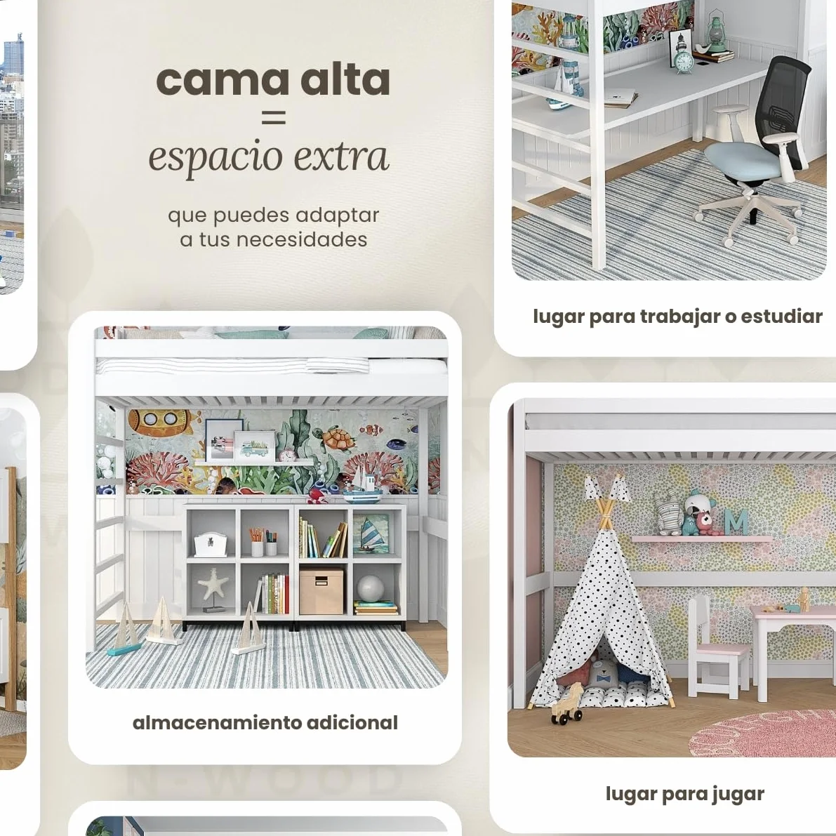 N01 Cama Loft 90x200 cm, 100% Madera Maciza, Cama Alta para niños y Adultos, Escalera Universal: Derecha o Izquierda, Somier Incluido, Sin Tornillos salientes, Hecho a Mano, Blanco