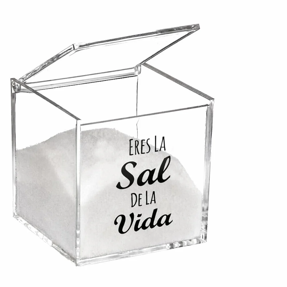 Salero de Metacrilato Cuadrado, Transparente con Texto "Eres la Sal de la Vida", 10 cm, Tapa Roscada con Dispensador Ajustable
