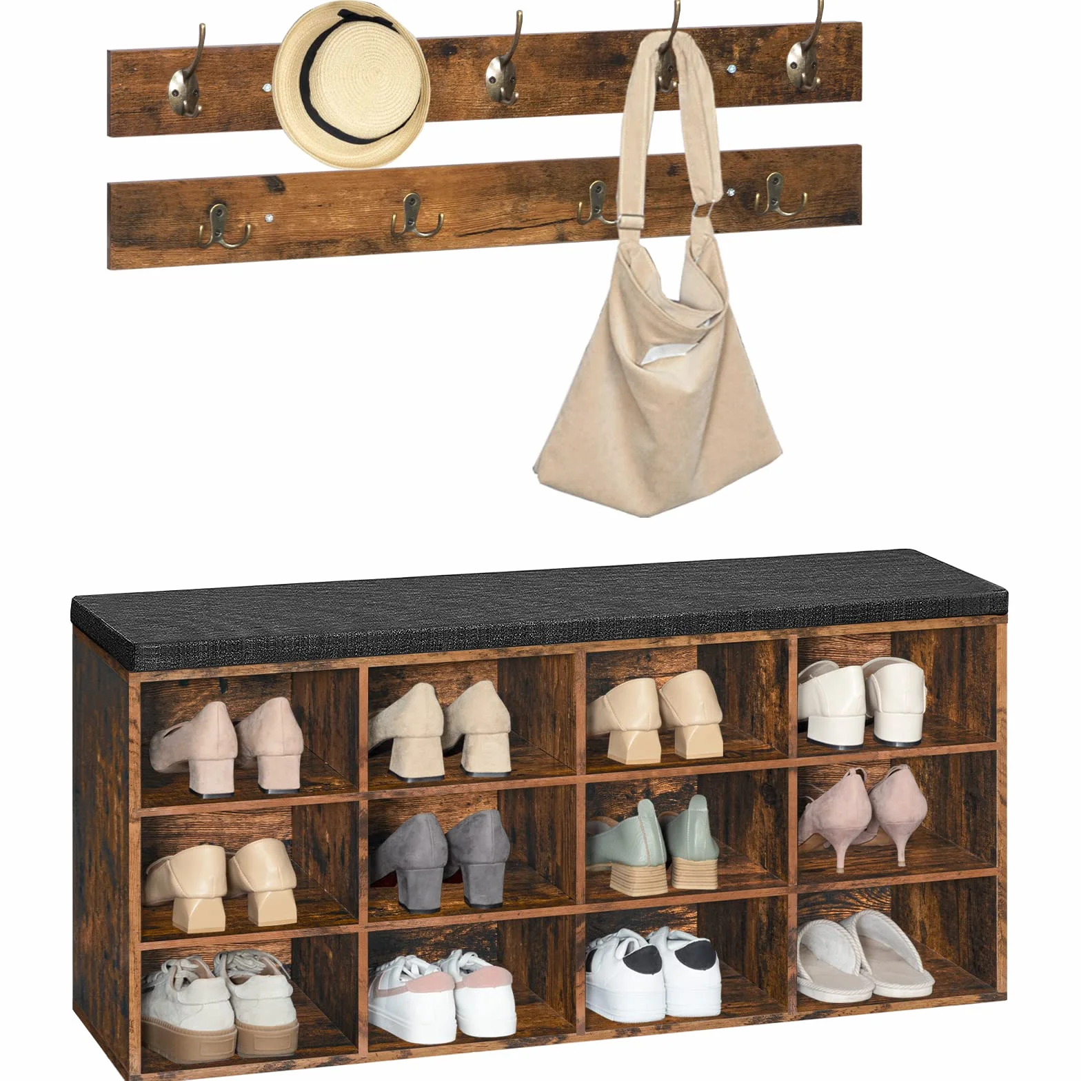 HOOBRO Banco Zapatero con Asiento, Perchero para Vestíbulo, 9 Ganchos, Banco de Almacenaje 12 Compartimentos, Organizador de Entrada, Adecuado para Pasillos, Dormitorios Marrón Rústico EBF112HX01G1