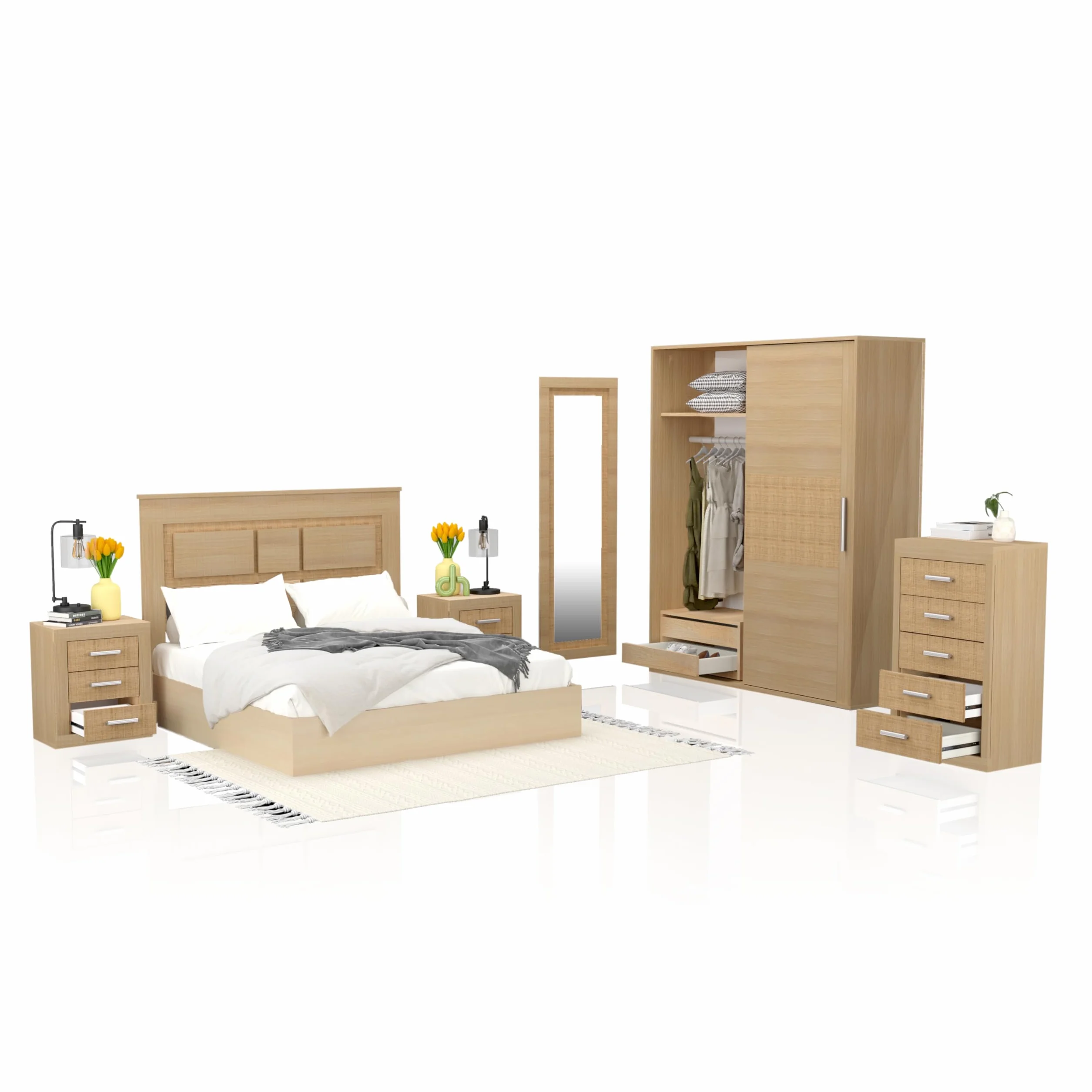 duehome | Pack de Dormitorio con Cabecero + 2 mesitas de Noche + Sinfonier + Espejo + Armario y Cajonera Interior, Dormitorio Completo, Modelo Kira 5c Plus, Acabado en Tofe y Textil