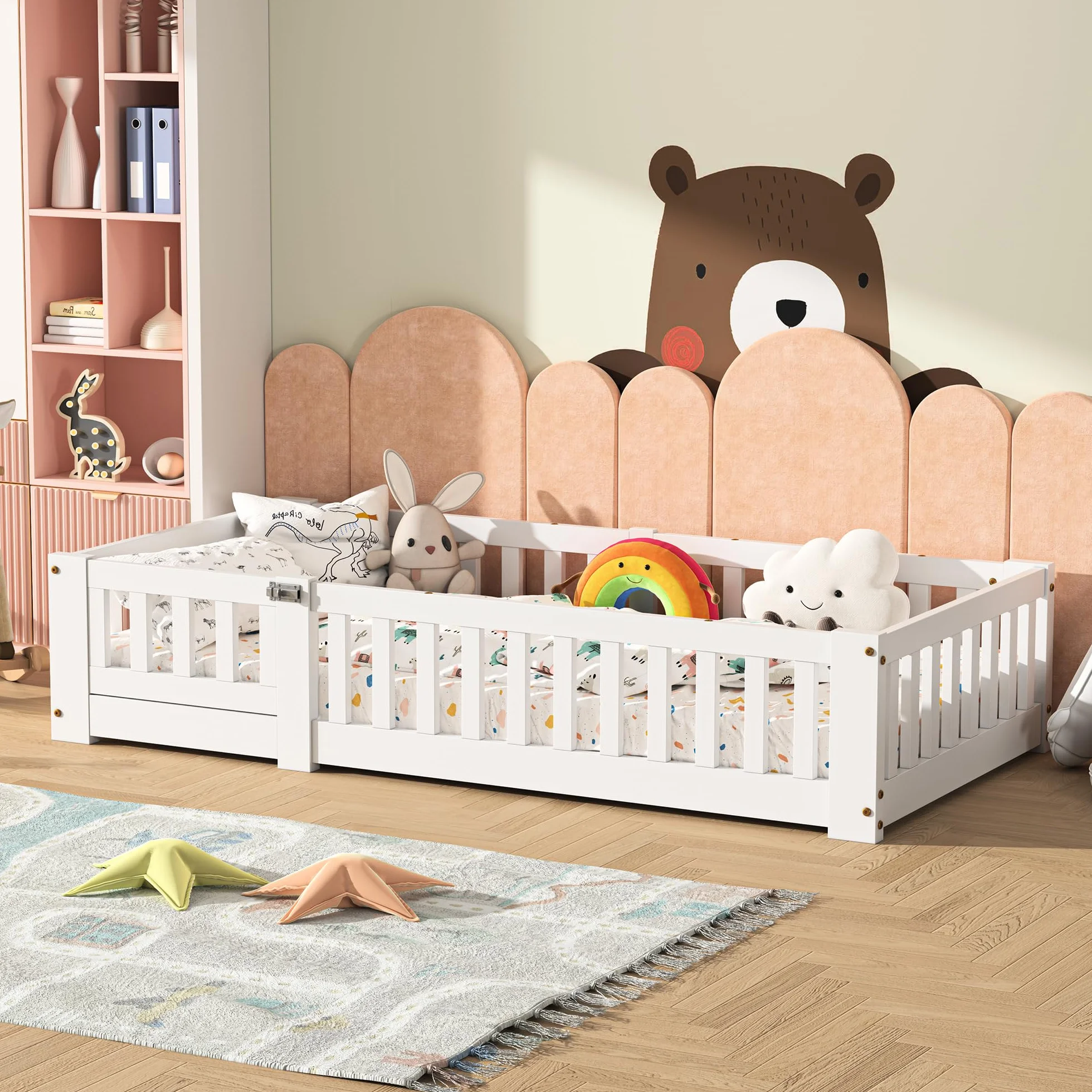 PerGar Cama Infantil 80x160 cm con Valla y Puerta, Somier, Madera Maciza Blanca