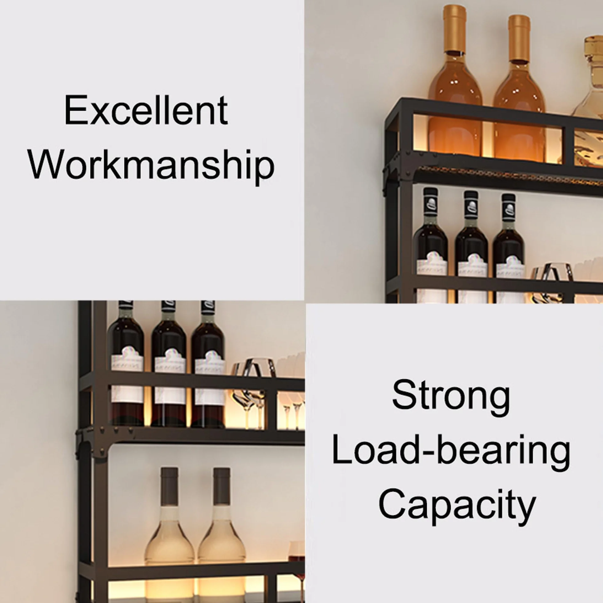 Botellero Vino Pared con Luz Mueble Bar Garrafeira Mini Bar Wine Rack Mueble Comedor Cocina con Soporte Copas Colgante Estantes de Almacenamiento para Bar Sala de Estar y Cocina(Black,2 LAYERS_150CM(5