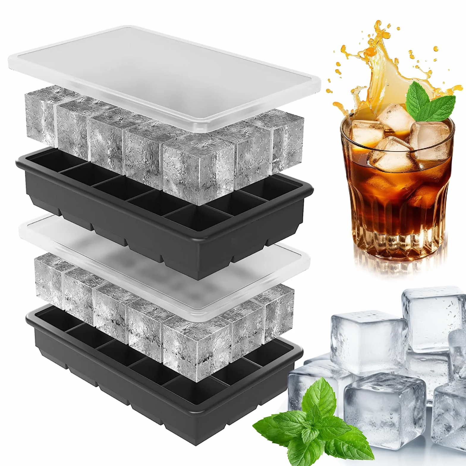 Cubiteras Para Hielo de Silicona con Tapa, 2 Piezas, Bandejas Cuadradas 3.5cm, BPA Free