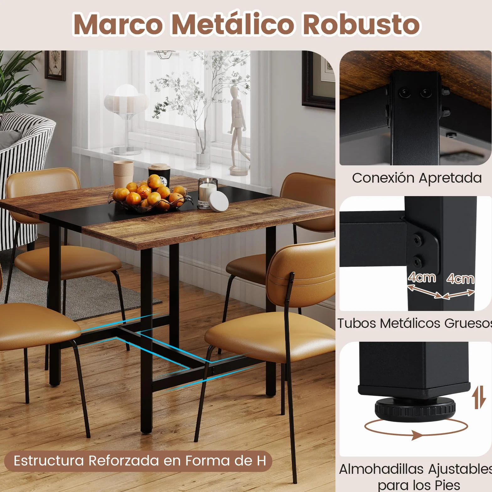 COSTWAY Mesa de Conferencias Cuadrada 100x100 cm 4 Personas Estructura Metálica Escritorio Industrial Marrón