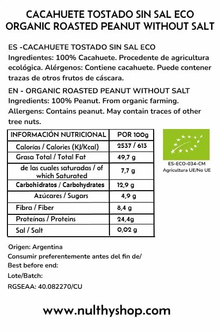 Cacahuete Tostado BIO 500gr Sin Sal Sin Cáscara Frutos Secos Ecológico Sin Gluten Vegano