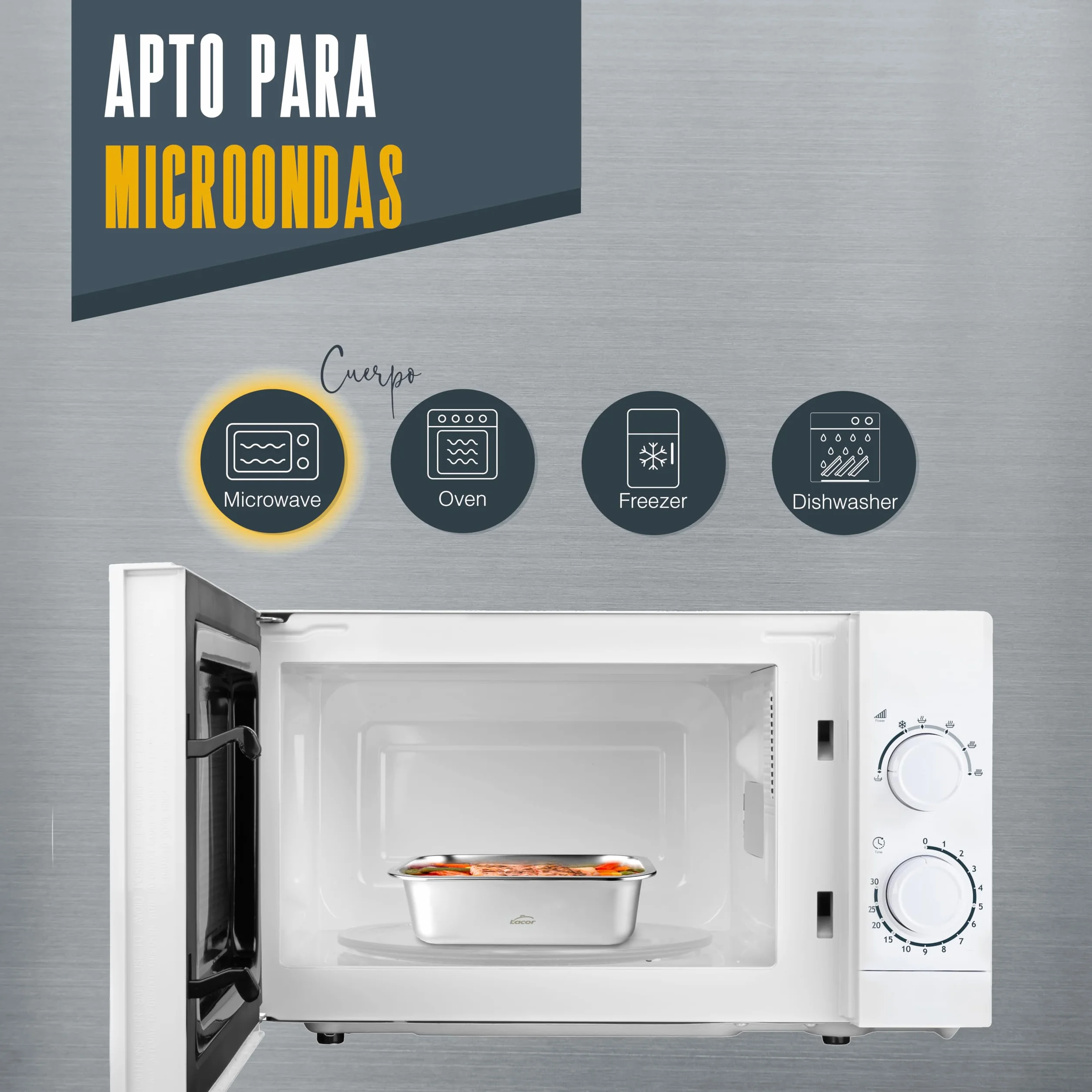 LACOR Recipiente para alimentos rectangular Ecoinox, Acero inoxidable 18/10, 800 ml, Hermético, 4 Cierres de clip