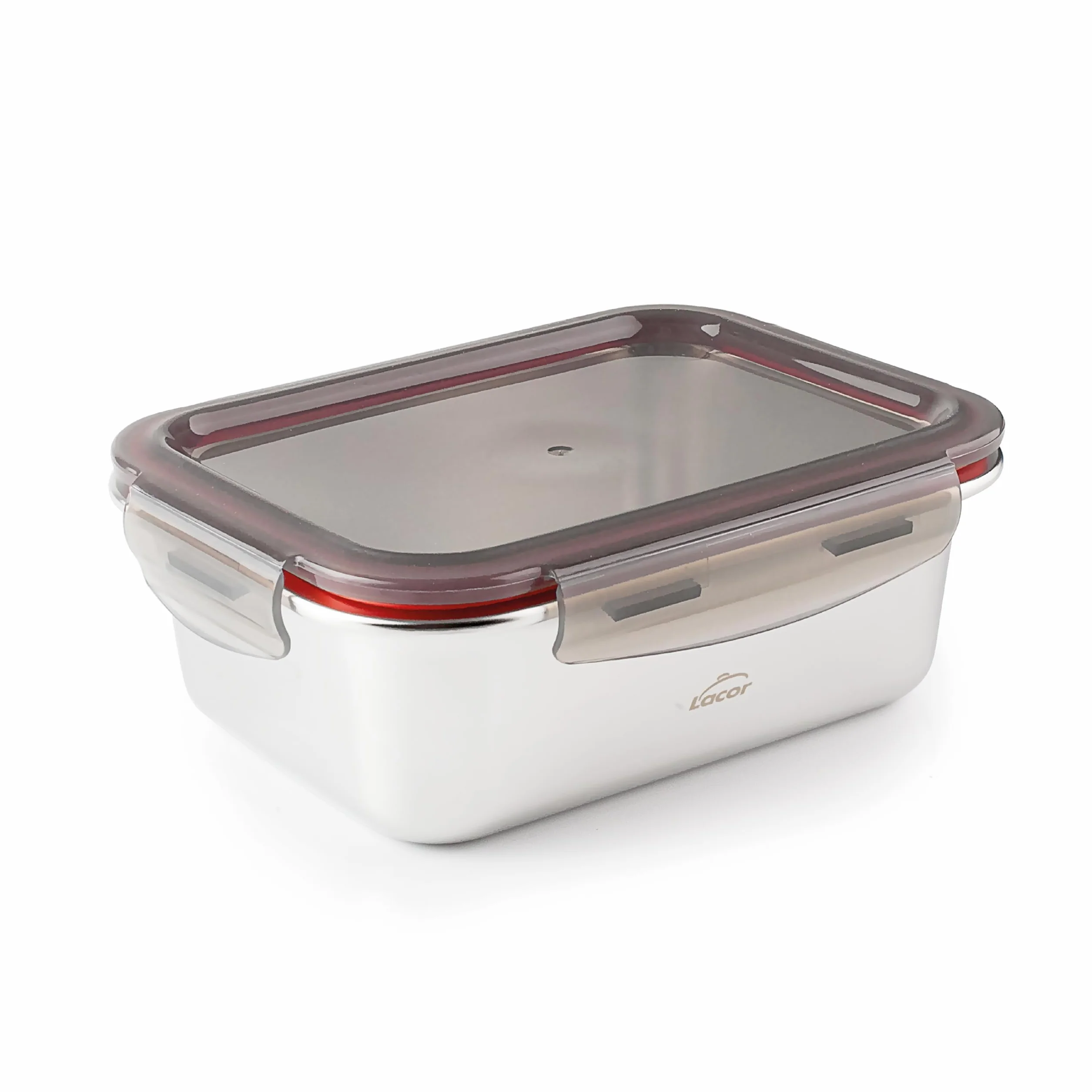 LACOR Recipiente para alimentos rectangular Ecoinox, Acero inoxidable 18/10, 800 ml, Hermético, 4 Cierres de clip