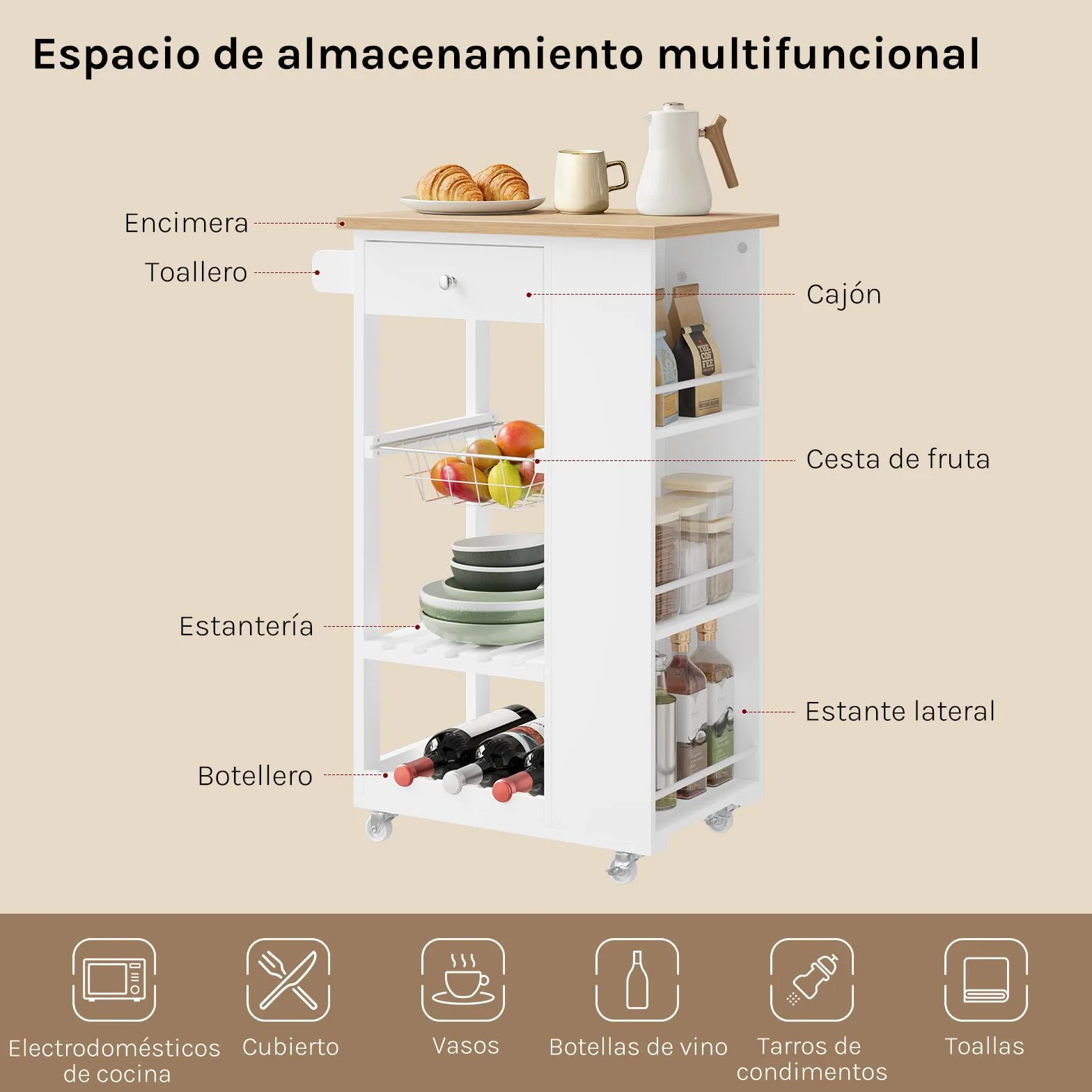 WOLTU Carrito Cocina con Ruedas, Carro Servicio con Cajón, Cesta, Estante Abierto, Botellero y Estantería Lateral en 3 Niveles, Isla de Cocina Multifuncional, MDF+Metal, Color Bambú + Blanco