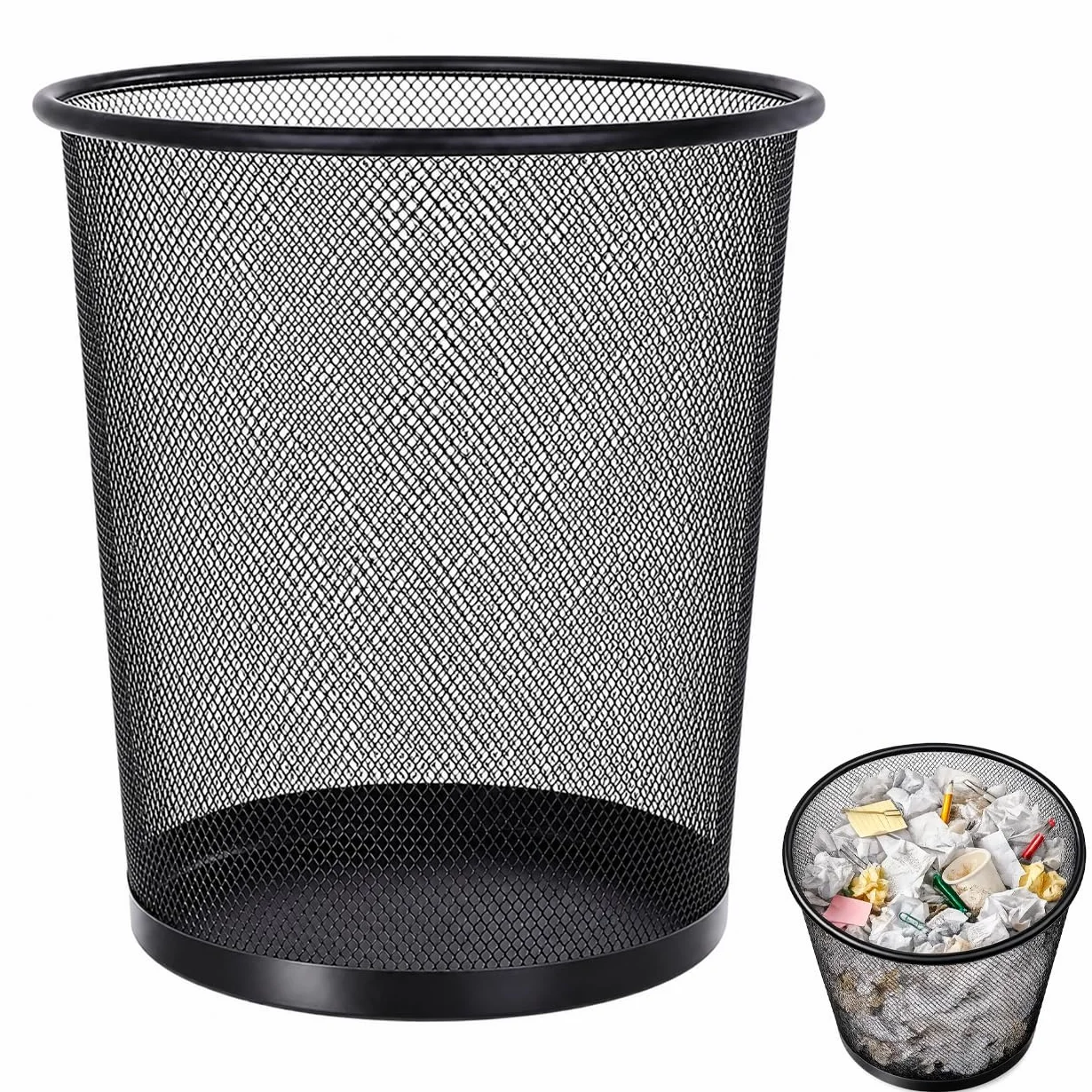CABLEPELADO Papelera de Malla Metálica 12L Negra – Cubo de Basura de Acero Reforzado