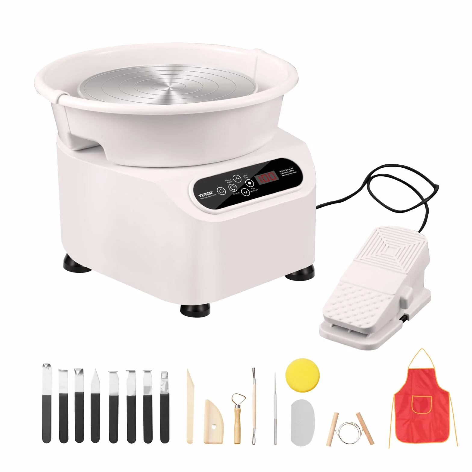 VEVOR Torno de Alfarería Eléctrico 280 mm 450 W con Pedal Pantalla Táctil LCD Mini Torno de Alfarería con 4 Patas de Soporte Rango de Velocidad de 50-300 rpm para Manualidades de Cerámica DIY, Blanco