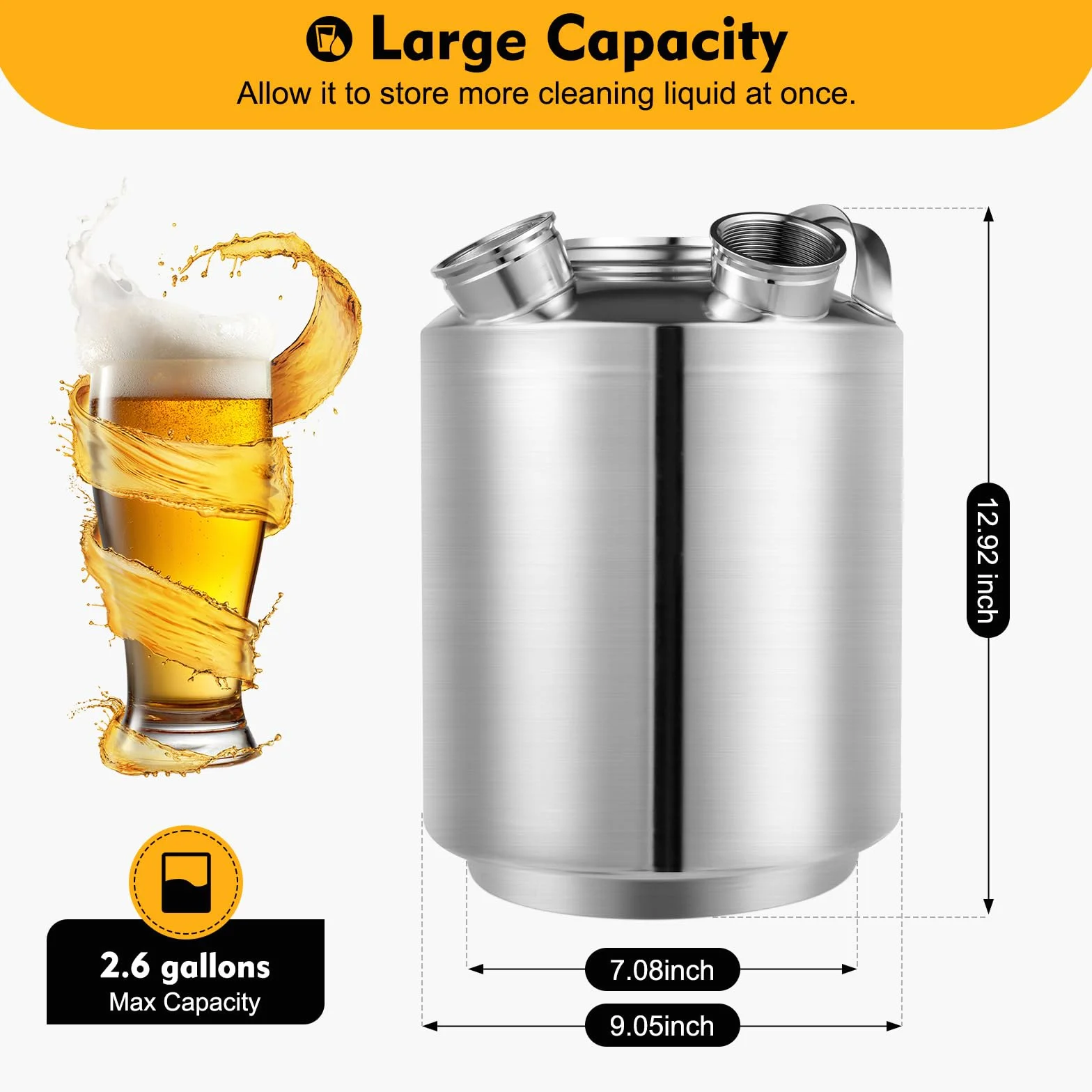 Depósito de limpieza de 10 l, 3 cabezales de acero inoxidable con tapa y anillo de sellado, barril de limpieza de cerveza de acero inoxidable 304 con asa para grifo de cerveza, limpieza de
