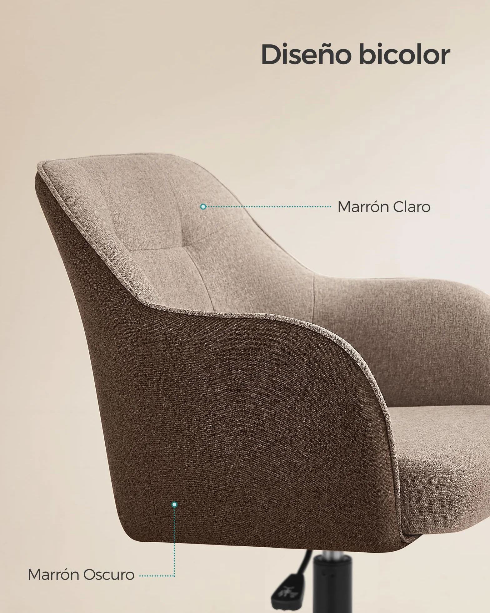 SONGMICS Silla de Estudio Giratoria Ajustable 110 kg Marco Acero Tela Algodón-Lino Transpirable Marrón