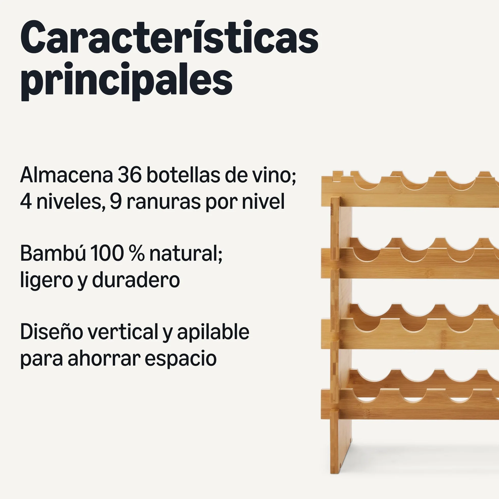 Amazon Basics - Botellero apilable de bambú, Capacidad para 36 Botellas, Natural
