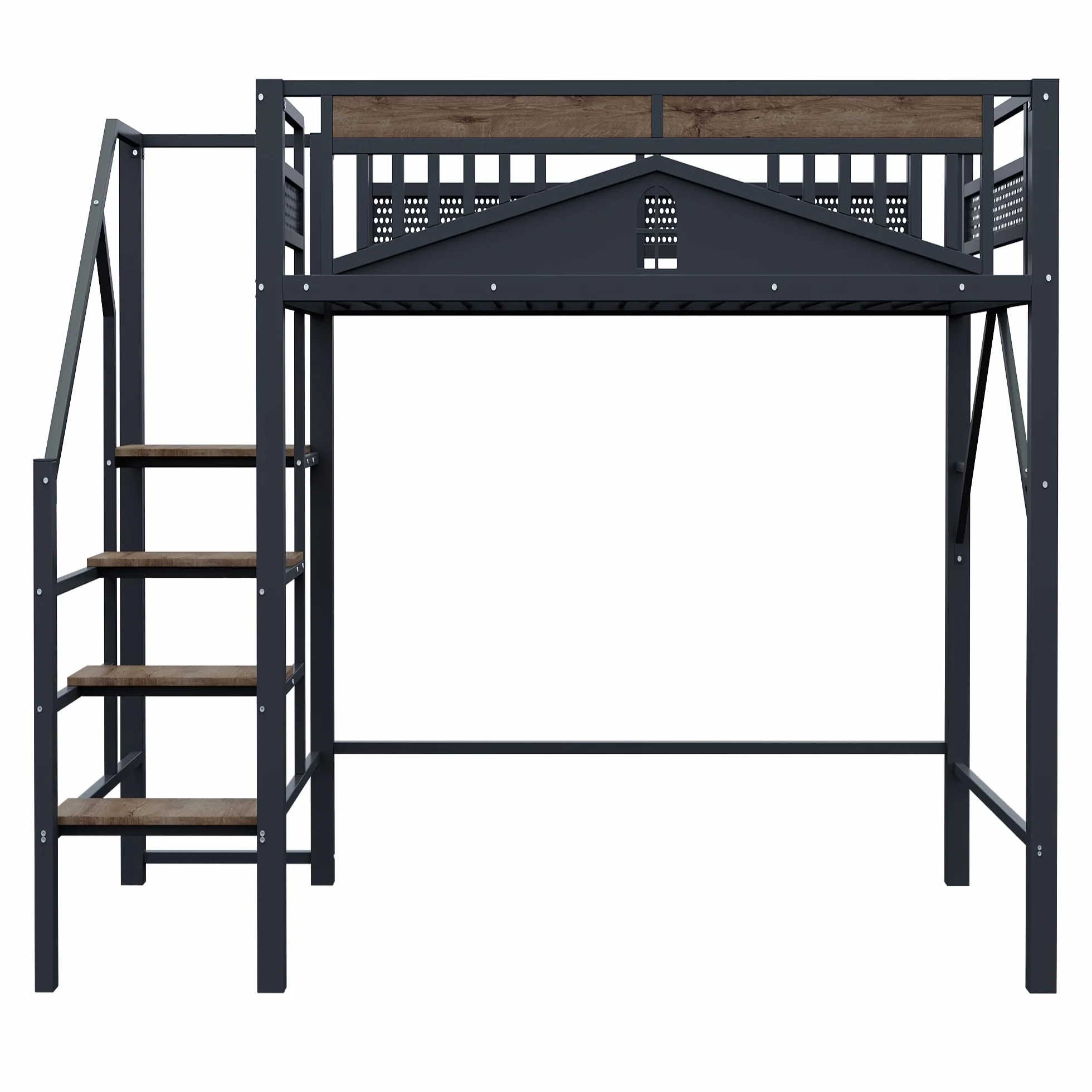SACOOL Cama alta de metal de 140 x 200 cm, forma de carcasa única con diseño de ventana, con escalera de seguridad, mucho espacio debajo de la cama, color negro