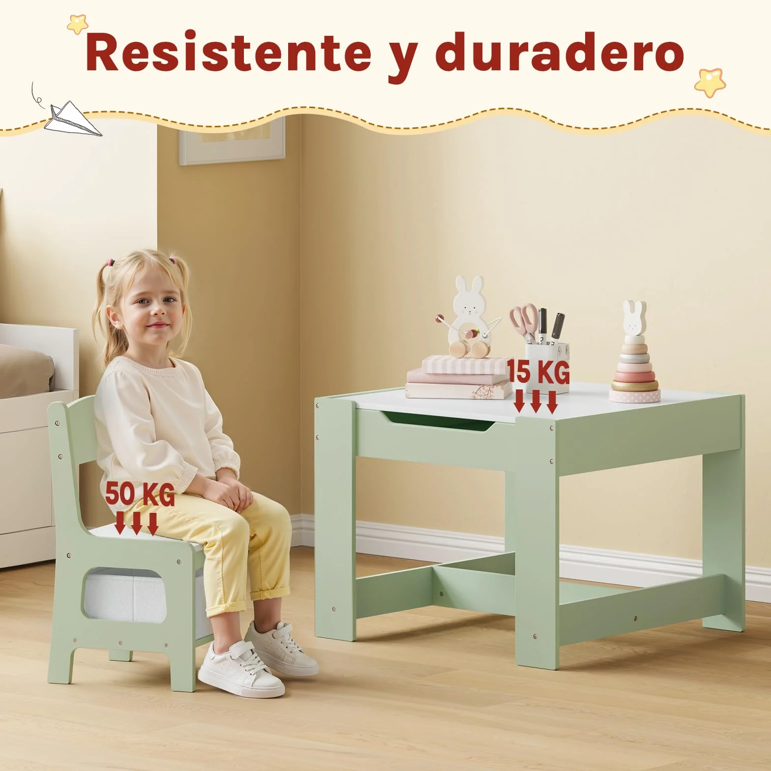 Mesa Infantil con 2 Sillas WOLTU, Mesa y Silla Niños con Almacenaje, Tablero Reversible, Madera, Verde + Blanco