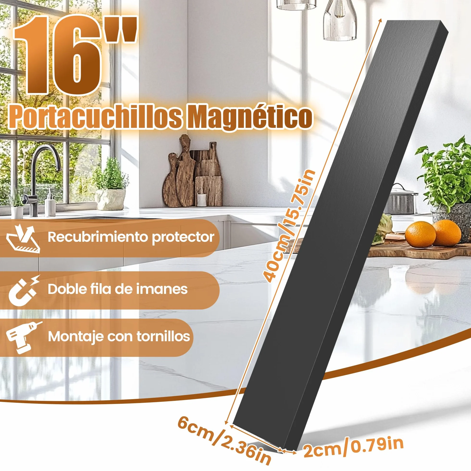 Soporte Cuchillos Cocina Magnético 40 cm, Organizador de Madera con Imanes Fuertes, Negro