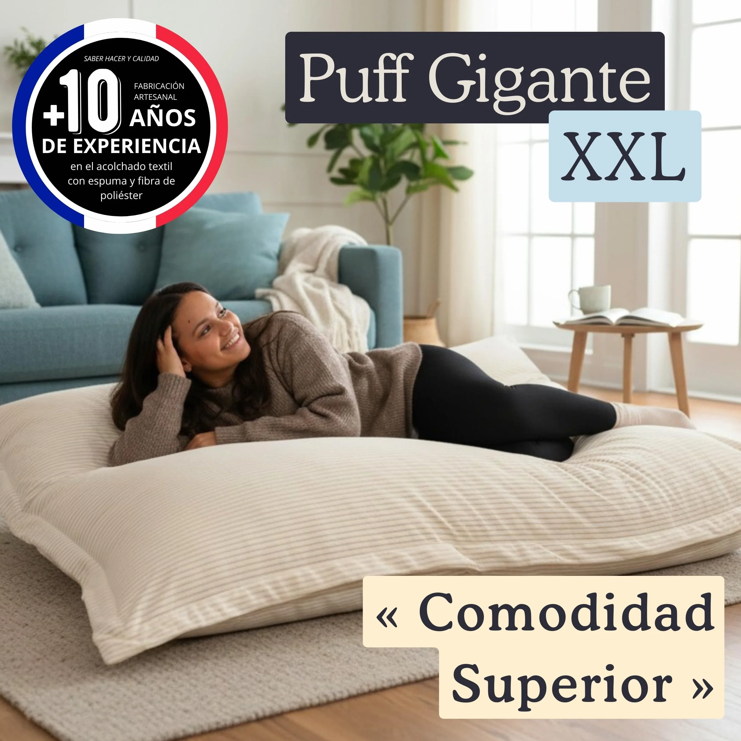 bananair - Puff Gigante de Pana Ancho - Suave y Confortable - Puff Cama con Relleno de Espuma Incluido, Óptimo Apoyo para la Espalda - Bean Bag, Sofa Puff XXL Muy Cómodo (180 x 140 cm, Blanco Roto)