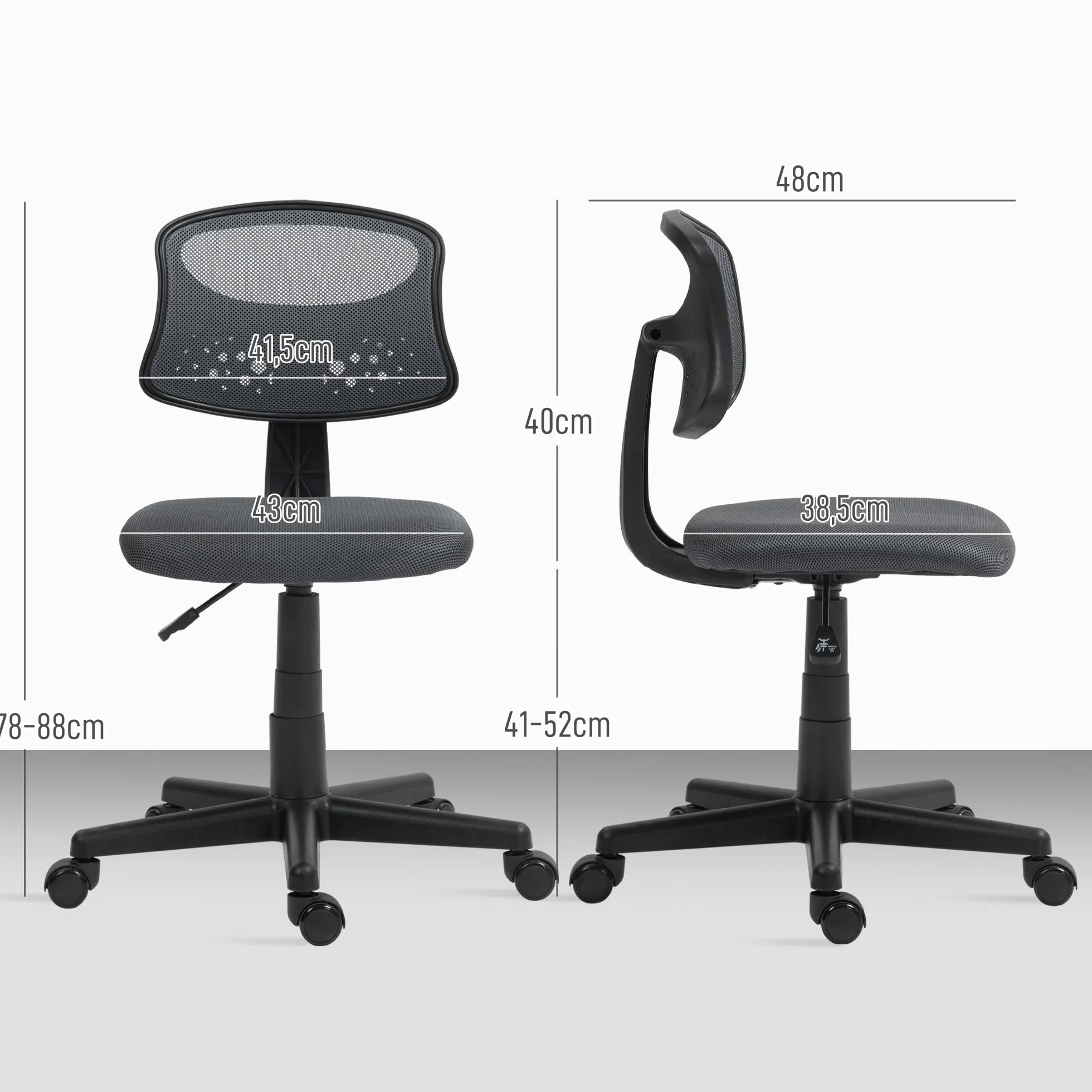 HOMCOM Silla de Oficina Ergonómica sin Brazos Giratoria Respaldo Malla Transpirable Altura Ajustable 120 kg Gris