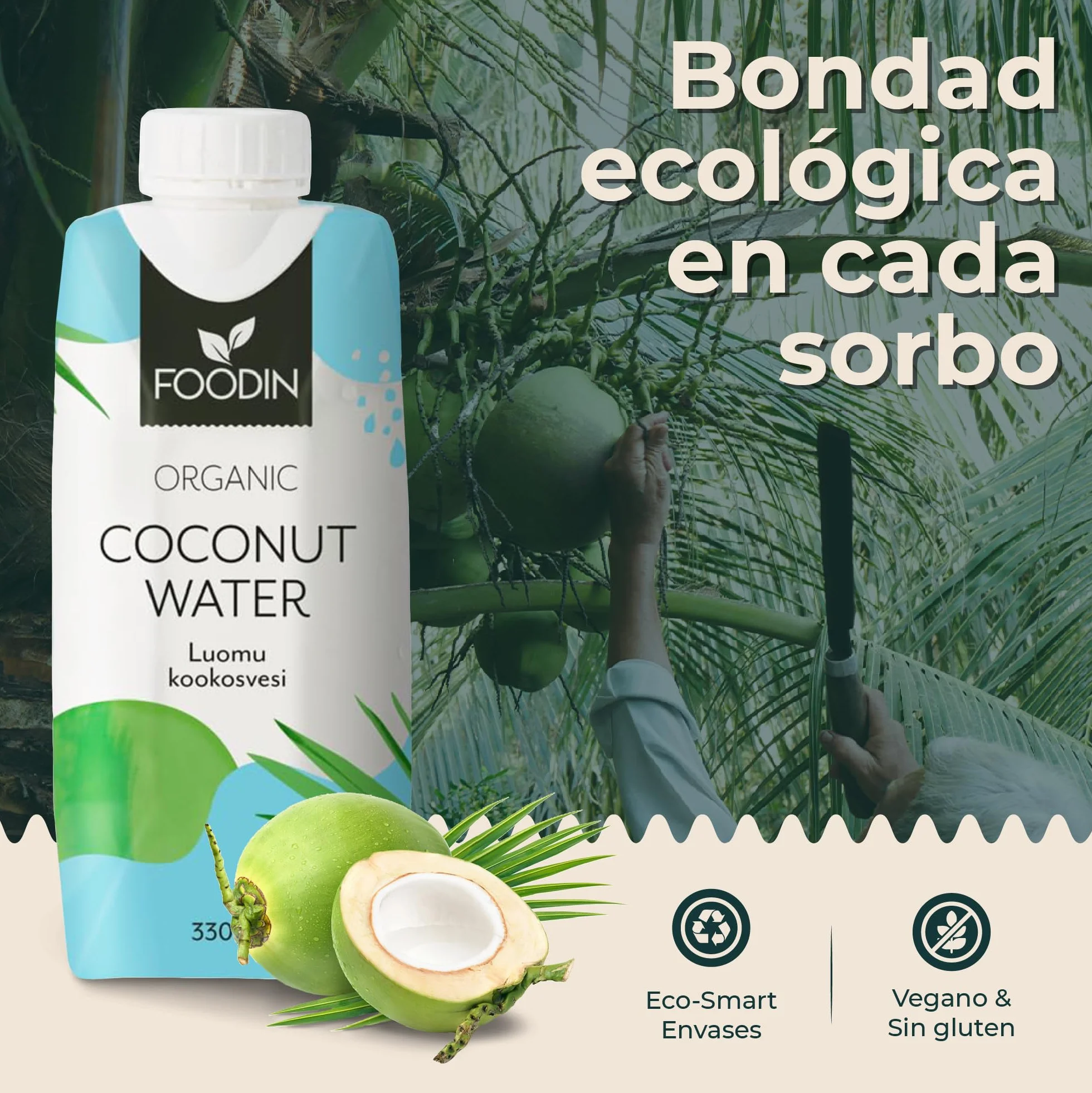 Foodin Agua de Coco Orgánica con Electrolitos, Sin Gluten, Sin OGM, Paquete de 12 (12x330ml)