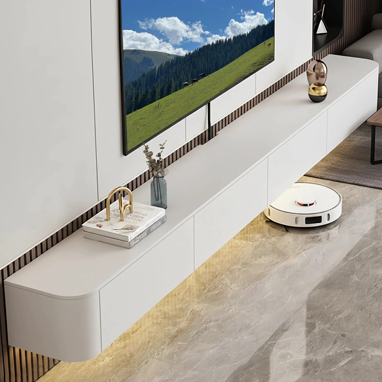 Mueble de TV Flotante, Soporte de montado en la Pared con Dos cajones, Consola Multimedia para, Mueble de TV Grande para Sala de Estar y Oficina (180cm/70.8in,Blanco-A)