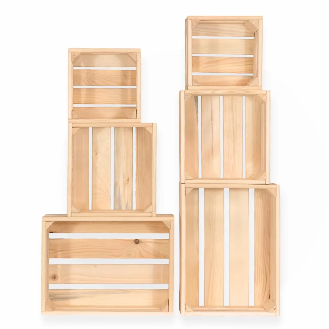 ITA Home & Garden Juego de 6 cajas de madera vintage, 3 tamaños, apilables y entrelazables, cajas decorativas de madera blanda con certificado FSC, color natural