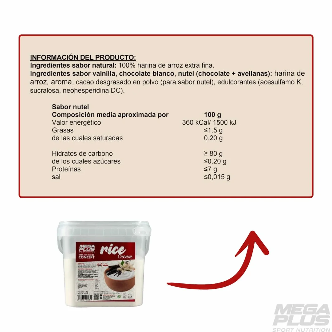 Crema de Arroz Mega Plus Concept 1 kg Sin Azúcares Añadidos Sin Gluten Sin Lactosa Alto en Carbohidratos Choco Nutella