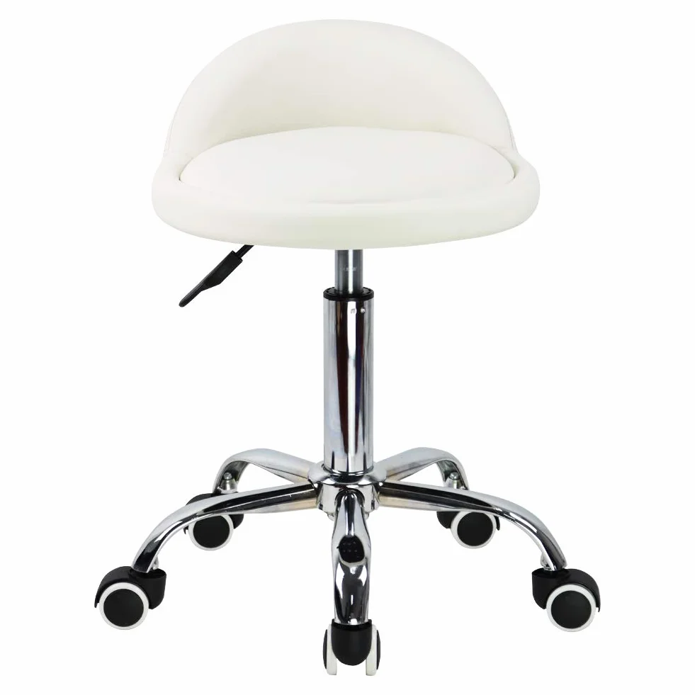 Taburete con Ruedas de Piel Sintética con Respaldo Ajustable en Altura y Giratorio, Silla de Trabajo (Blanco)