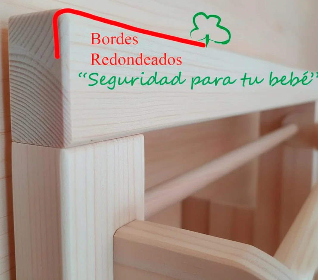 Espejo Montessori de Seguridad con Barra Ajustable Acabado Barniz – Certificado CE – Bebés +8 Meses –Muebles Montessori - Espejo irrompible Bebe - Seguridad Infantil - Desarrollo Motor