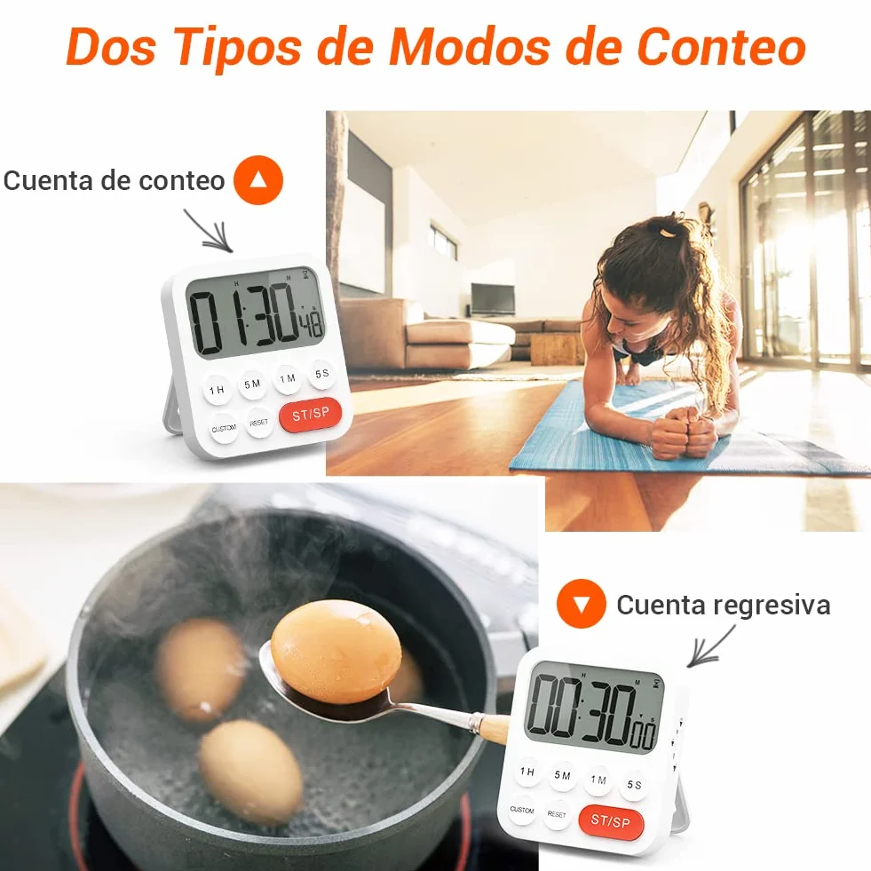 LIORQUE Temporizador de Cocina Digital Multifunción con Reloj, Ajuste Rápido, 3 Niveles de Volumen, Respaldo Magnético, Soporte Plegable