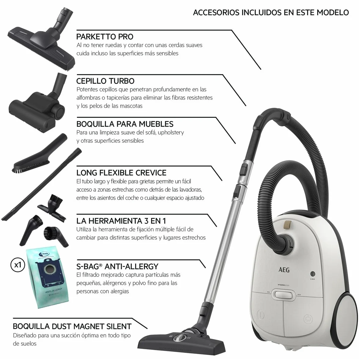 AEG AB61H6SW Aspiradora de Trineo con Bolsa, 850W de Potencia, 3,5L de Capacidad, Radio de acción 12m, Ruedas XL, Filtro Lavable, 3 cepillos + 3 Accesorios, 10 años garantía, Blanco