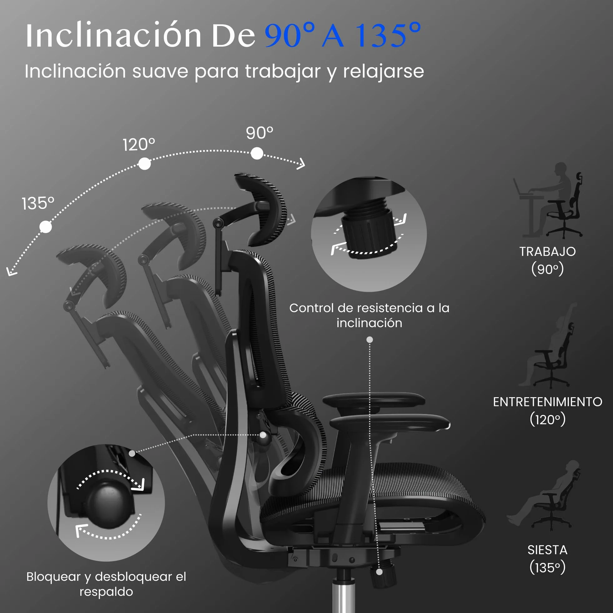 FLEXISPOT ErgoX Silla Escritorio Ergonómica con Reposapiés, Soporte Lumbar, Reposabrazos 3D, Inclinación 135°, Gris