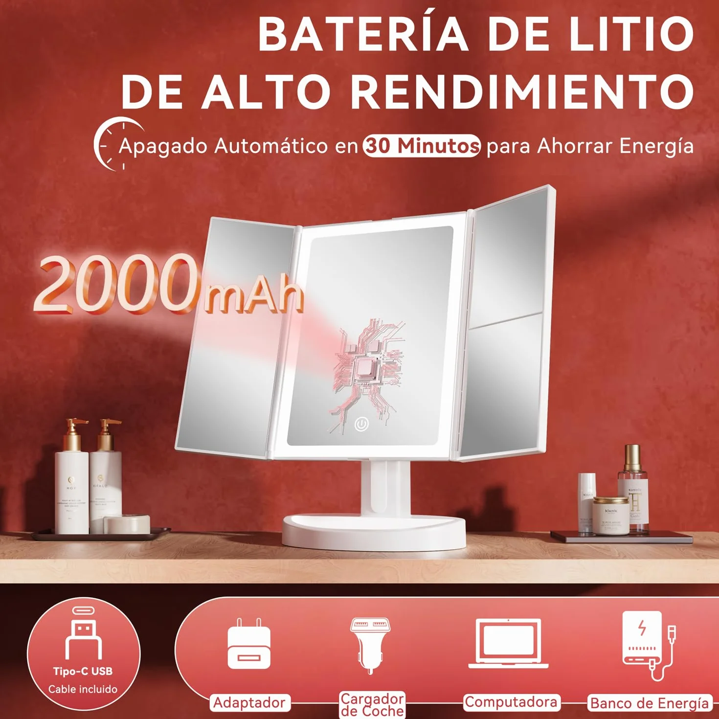 Auxmir Espejo Maquillaje con Luz 2000mAh Recargable 10X Aumento Tríptico 68 Leds Brillo Regulable 180° Giratorio 3 Colores Luz USB