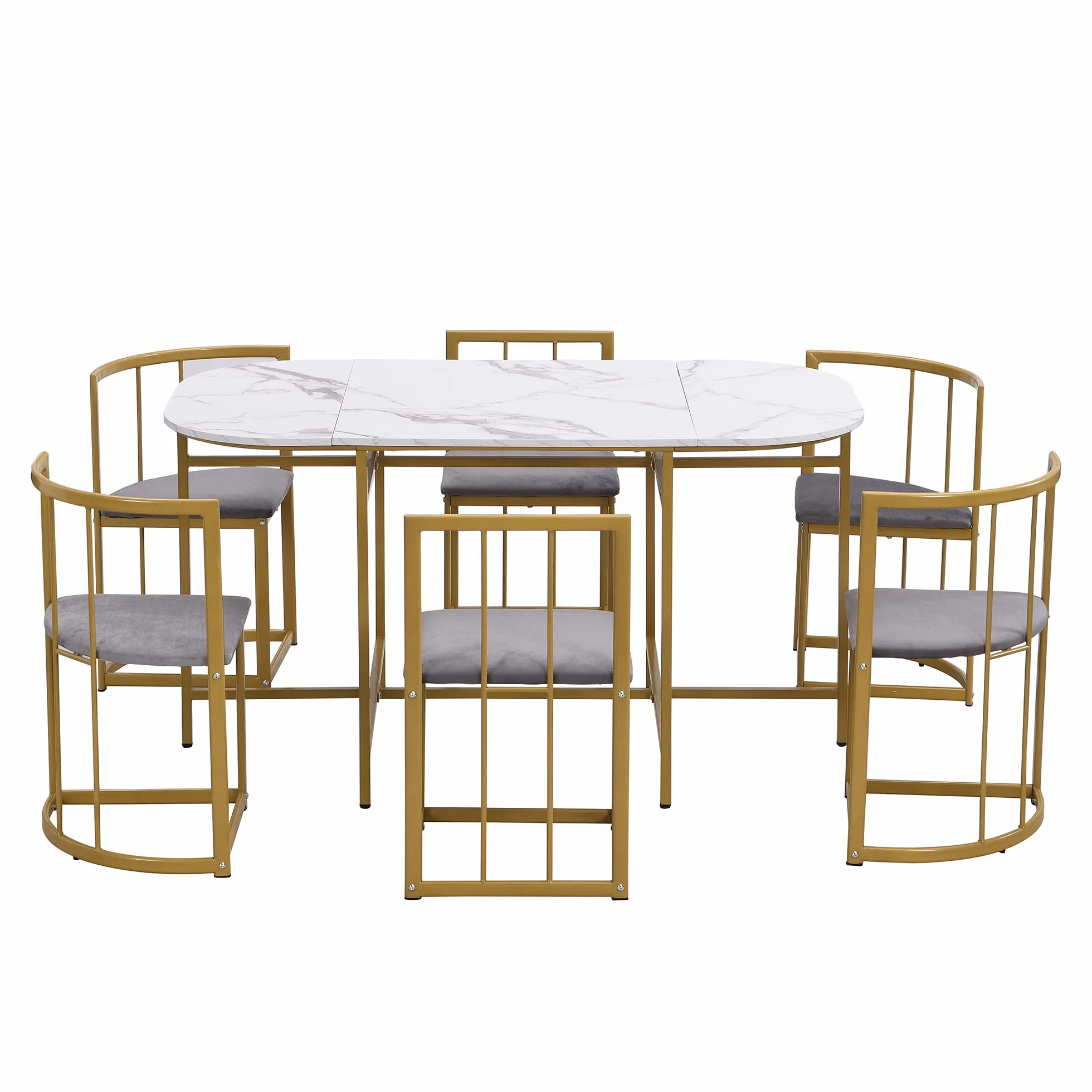 Lexiou Juego de comedor de seis sillas: mesa blanca, estructura de hierro y tapicería gris, combinación moderna