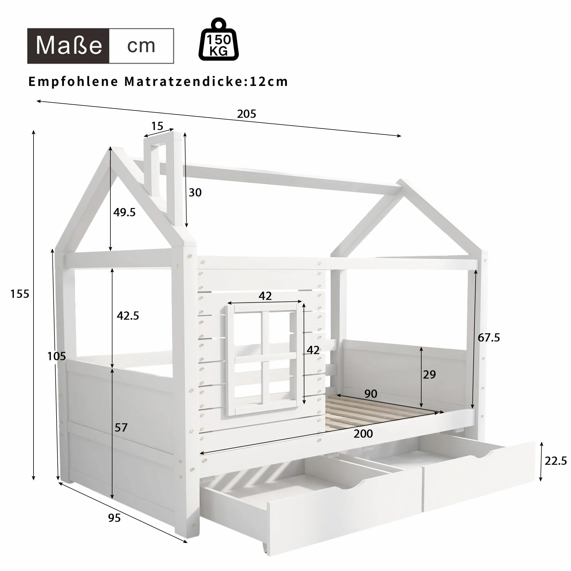 Cama infantil de 90 x 200 cm, con protección anticaídas, versátil, madera maciza, cama con ventana y somier, color blanco