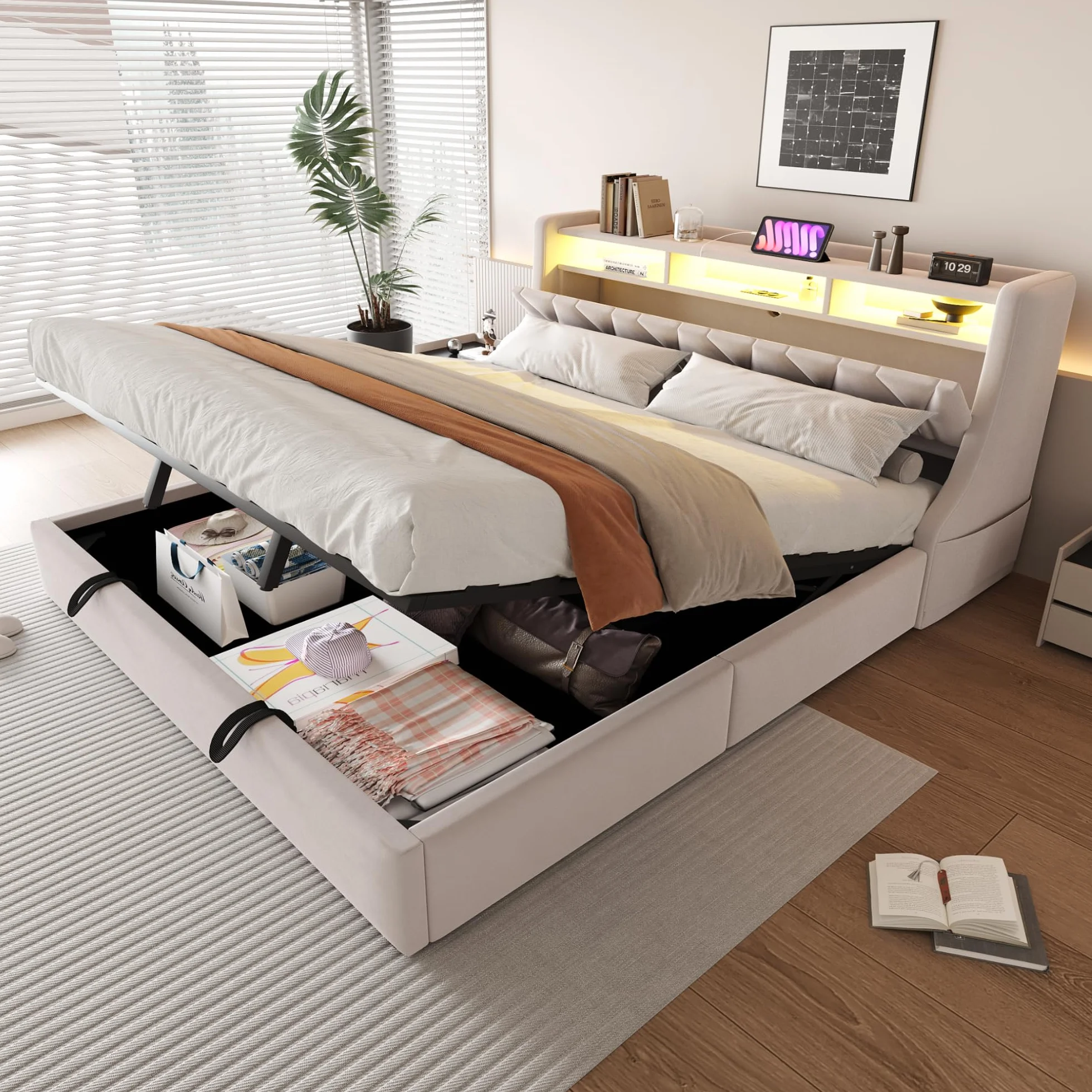 Sapgaks - Cama de 180 x 200 cm, con somier LED y USB, cama doble de 180 x 200 cm, con baúl de almacenamiento y cabeza ajustable, tapizado con láminas, 2 personas marco (sin colchón)