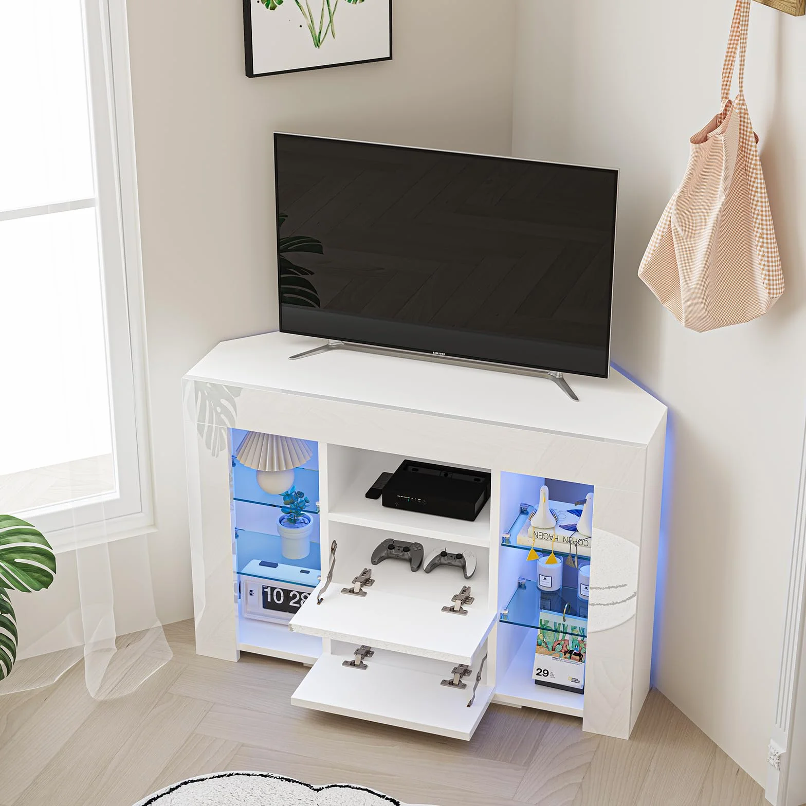 Dripex Armario de Esquina para TV con iluminación LED, Mueble de TV Color Blanco Brillante, Mueble esquinero para TV, 100x68x40 cm