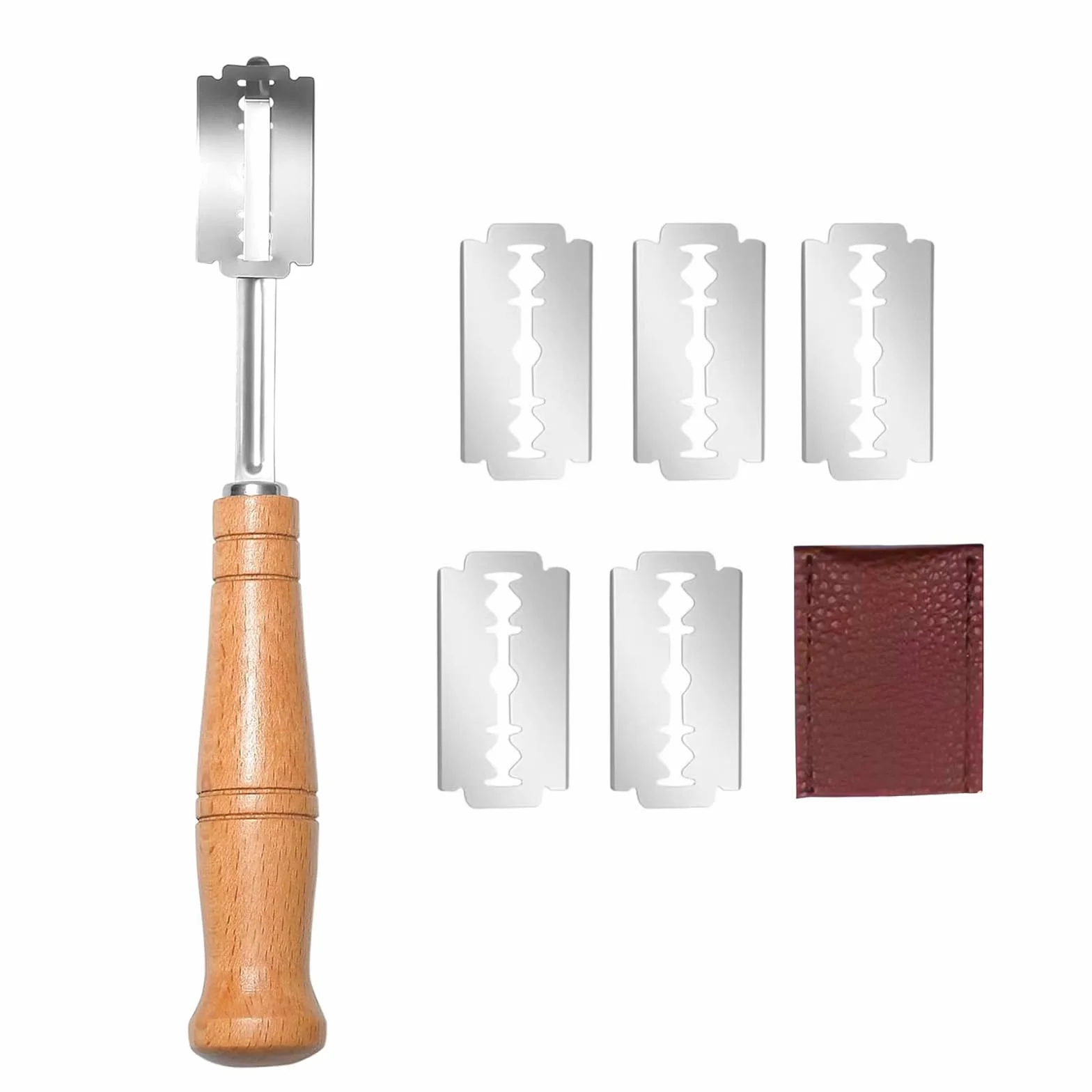 Cuchillo de panadero, cuchillo de pan, cuchillo de cortar pan, navaja de afeitar, accesorios para hornear pan (5 cuchillas + 1 funda de piel)