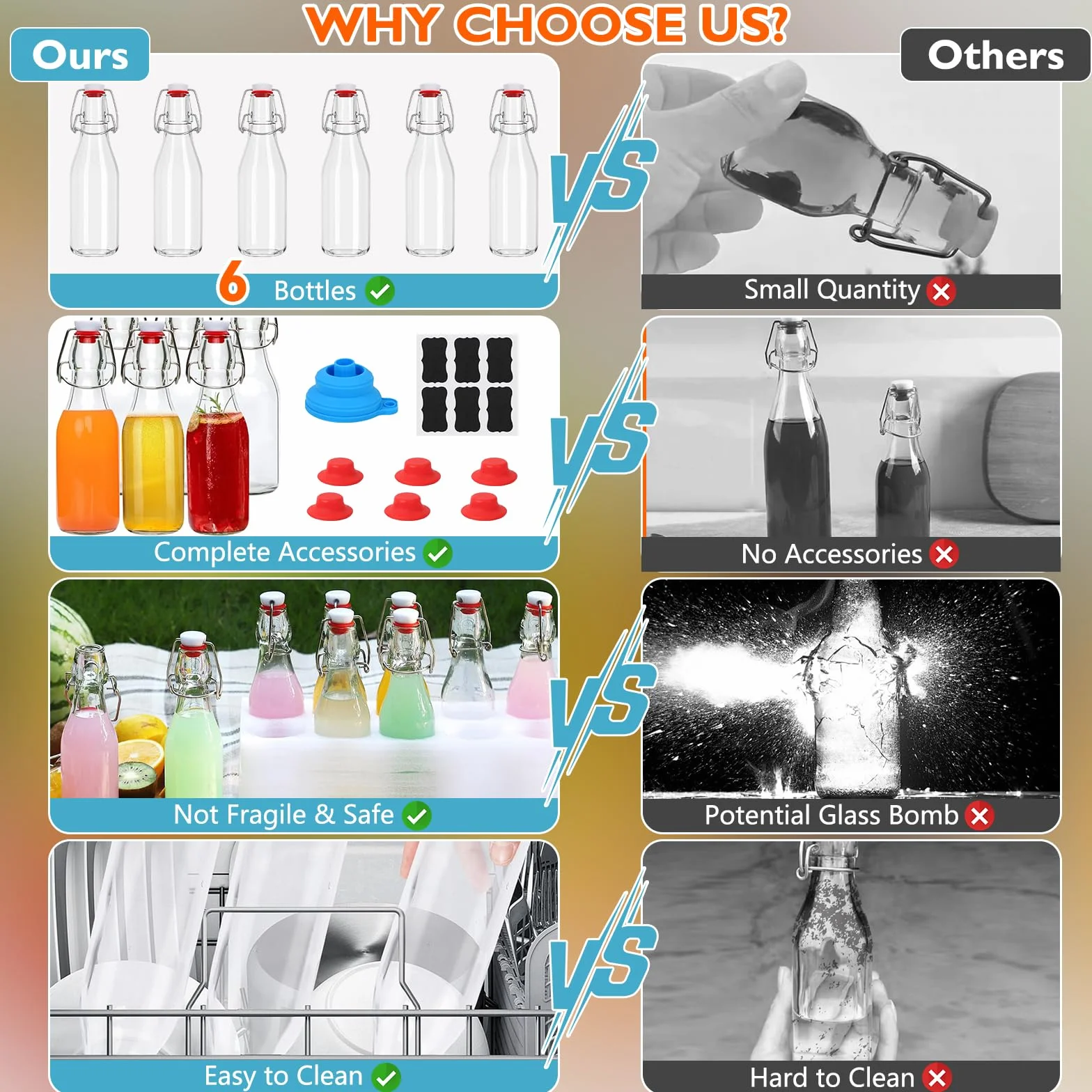 6 Botella Cristal 500ml con Tapón Hermético, Botella Cristal Reutilizable, Botella Vidrio con 6 Precintos Extra, 6 Etiquetas, Embudo, para Bebidas, Cerveza, Aceite, Zumo, Agua