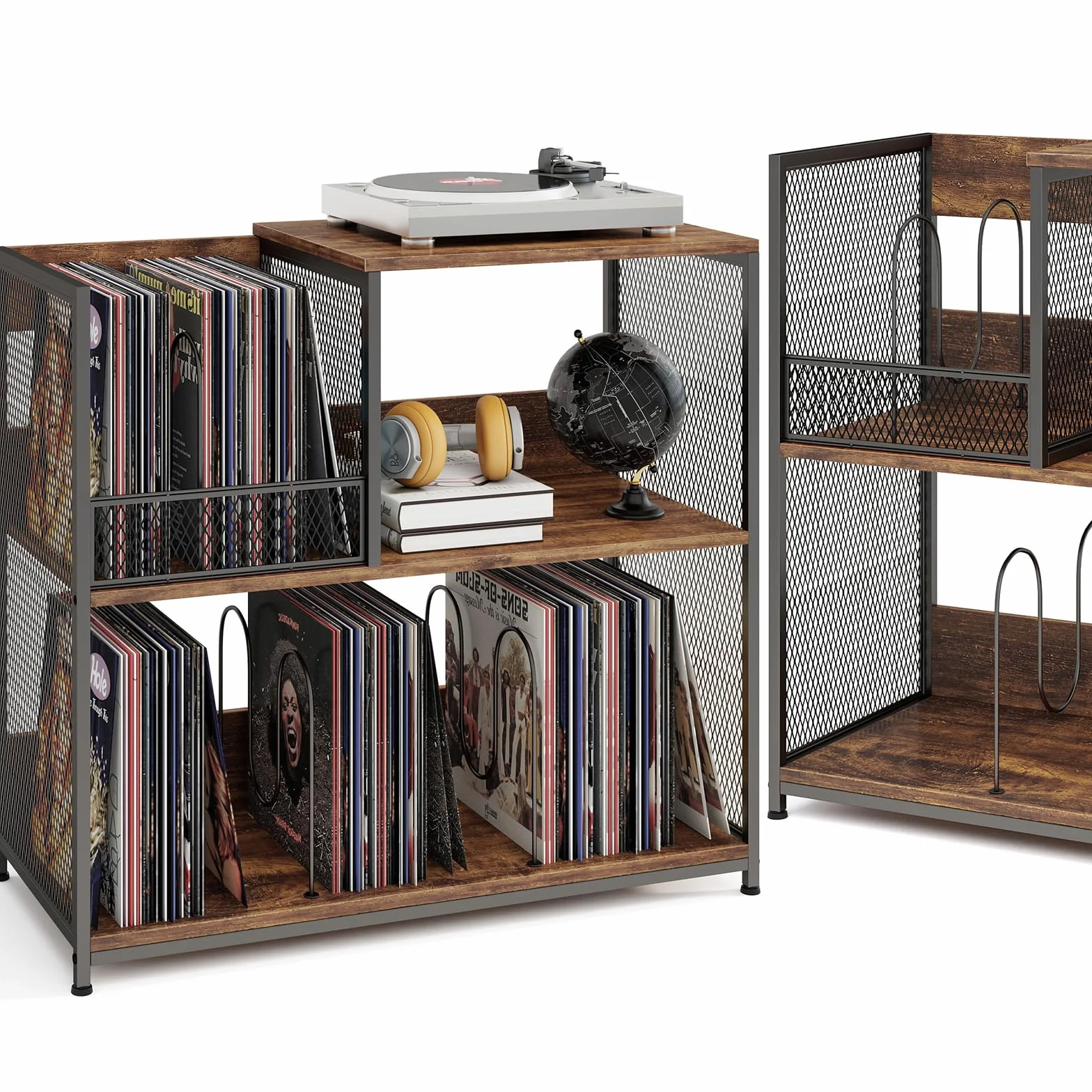 KOMFOTTEU Soporte para Tocadiscos de 3 Niveles, Mesa Auxiliar para hasta 300 Álbumes, Mueble para Tocadiscos con 3 Divisores Extraíbles, Marco de Metal, para Salón, Dormitorio