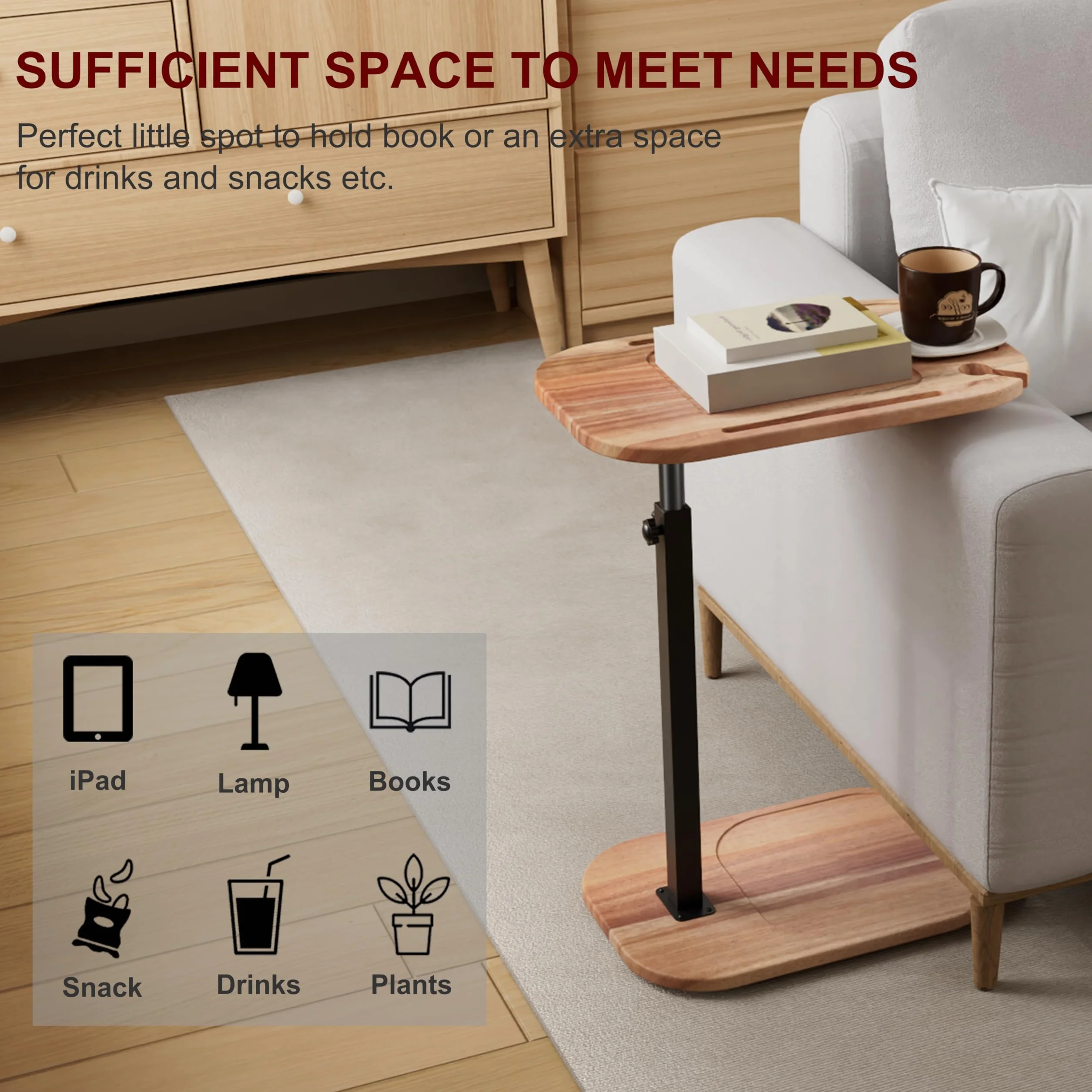 Mesa de bandeja de TV giratoria de altura ajustable para sofá, madera de acacia, mesa auxiliar en forma de C