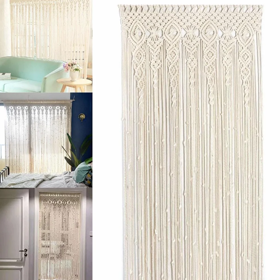 Cortina de macramé de algodón 90x200 cm beige para puerta y ventana