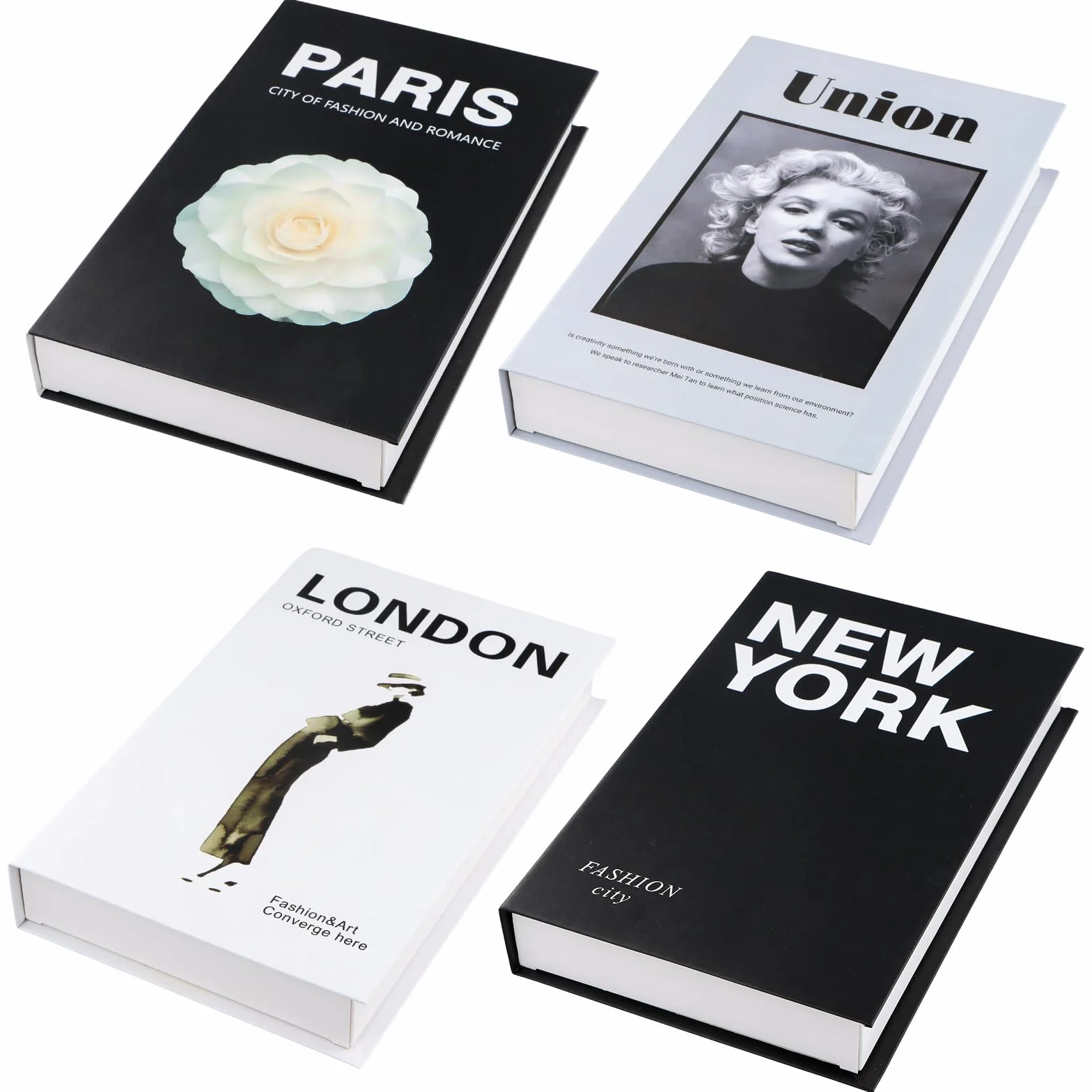 4 Piezas Libros Decorativos, Libros Falsos Decorativos, Juego de Libros de Imitación Decorativos, Libros De Exhibición Falsos para Decoración De Estantería Mesa Centro del Hogar (Blanco y Negro)