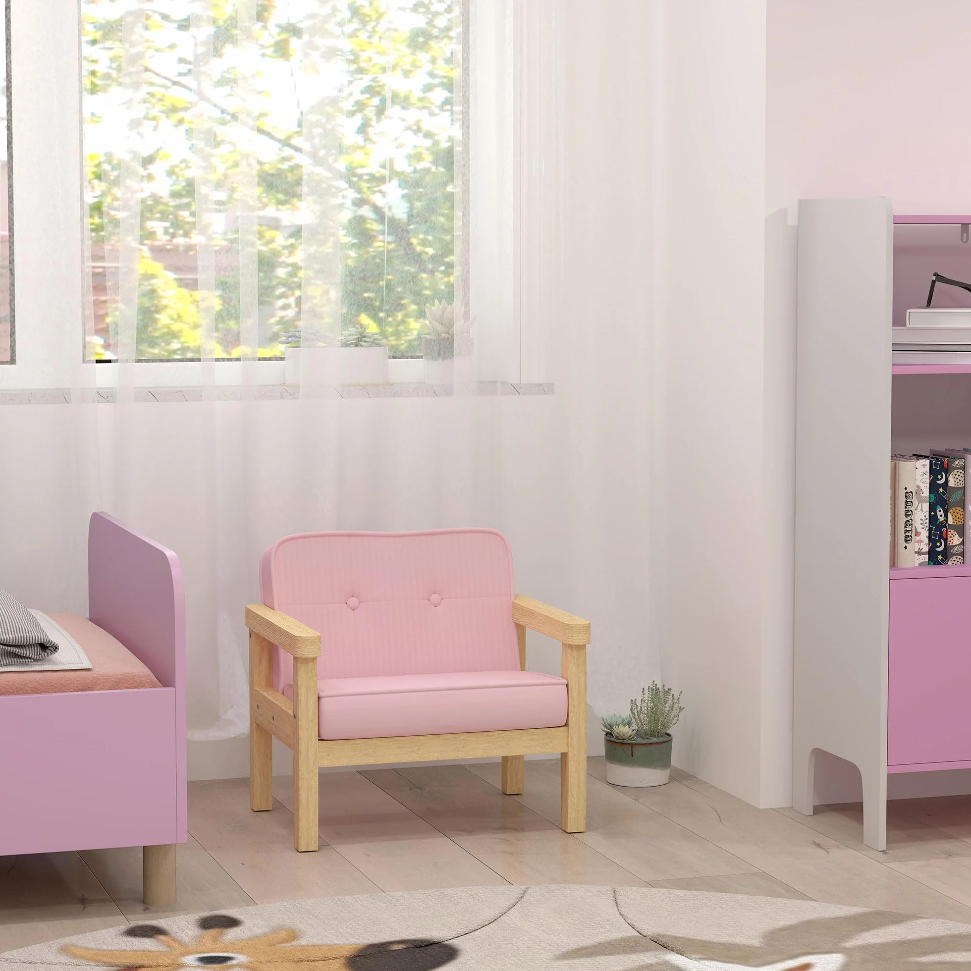 AIYAPLAY Sillón Infantil, Sofá para Niños de +3 Años, con Tejido Suave de Pana, Estructura de Madera, Asiento y Respaldo Acolchado, Reposabrazos, Carga 45 kg, 46,5x44x45 cm, Rosa