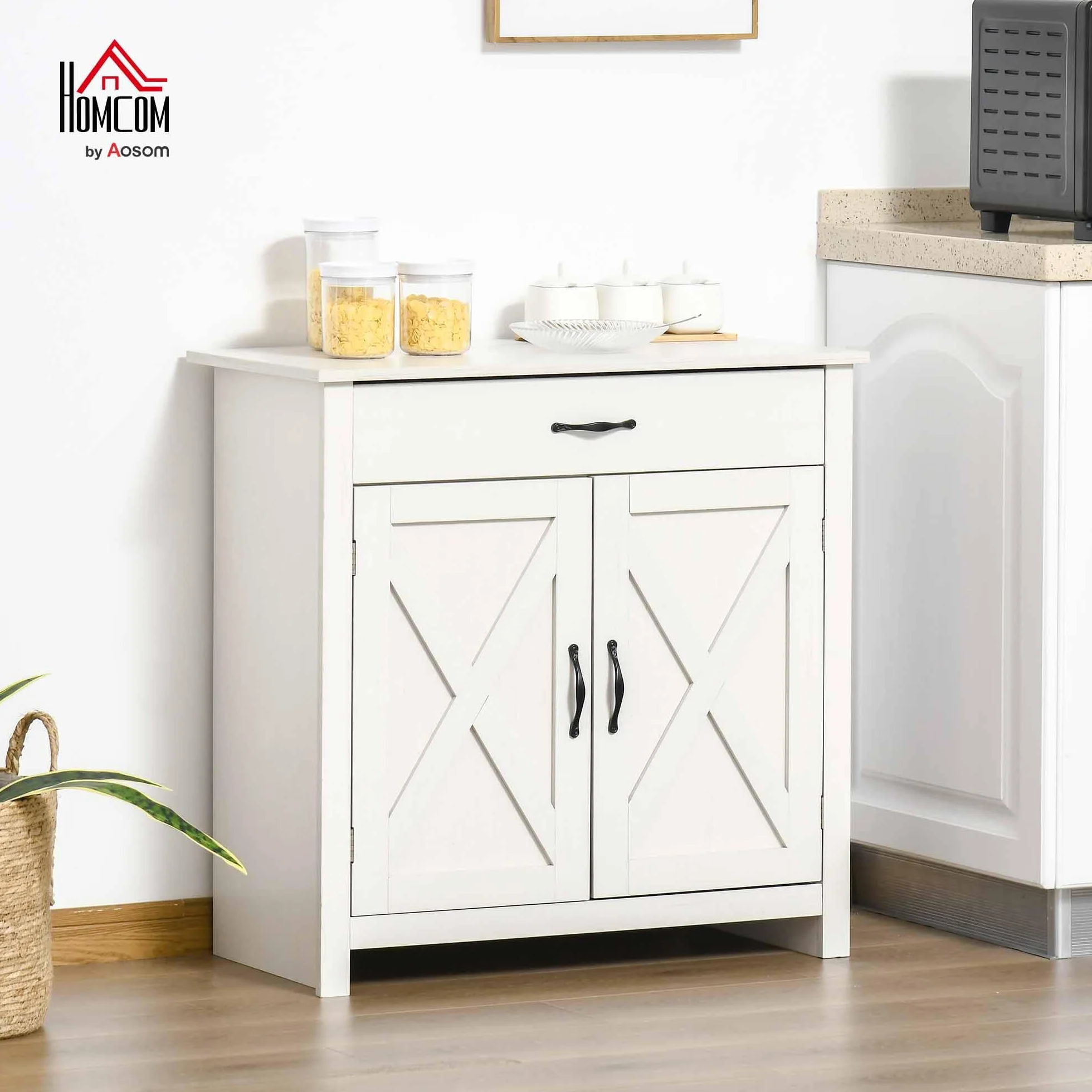 HOMCOM Aparador de Cocina Buffet para Salón con 1 Cajón 2 Puertas y Estante Interior Ajustable Mueble Auxiliar Decorativo para Comedor 80x39,7x80 cm Blanco Lavado