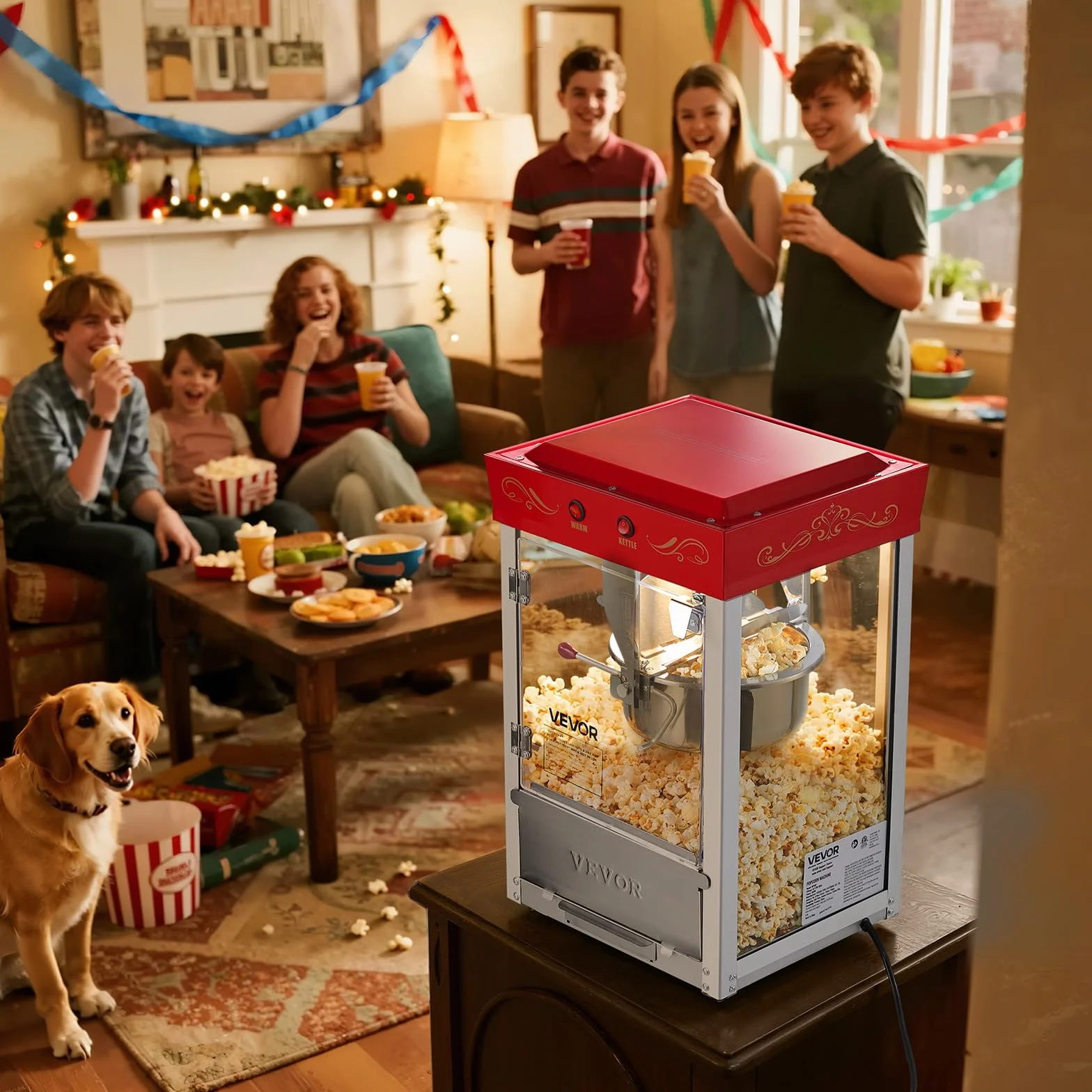 VEVOR Máquina de Palomitas con Hervidor de Acero Inoxidable de 0,2 kg, 800 W, 48 Tazas, Estilo Cine, con Control de 2 Botones, Puerta de PC con Panel de Vidrio, 1 Cucharada y 3 Cucharas, Rojo