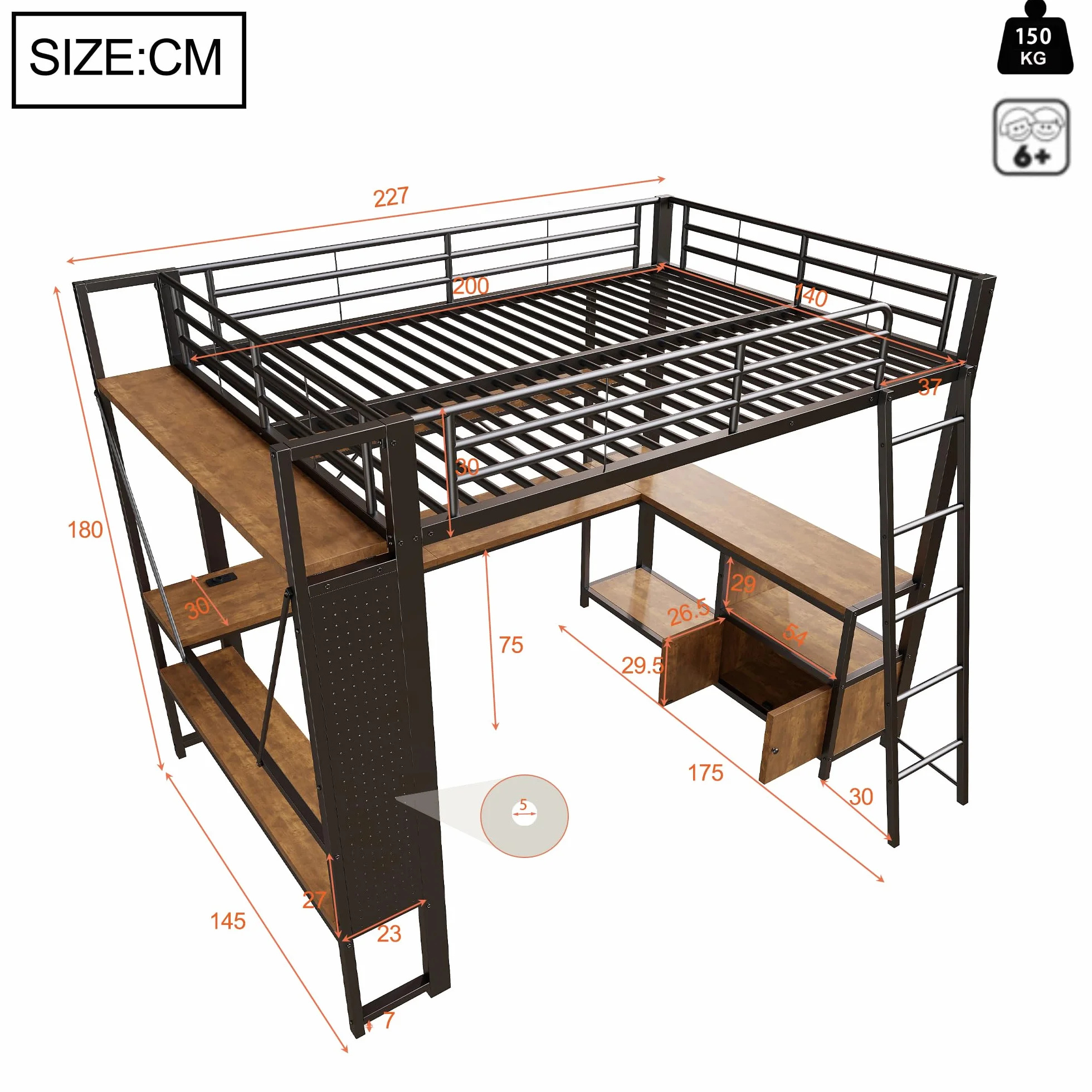 Cama alta de hierro 140 x 200 con LED, USB, escritorio, almacenamiento, estantes, panel perforado, negra