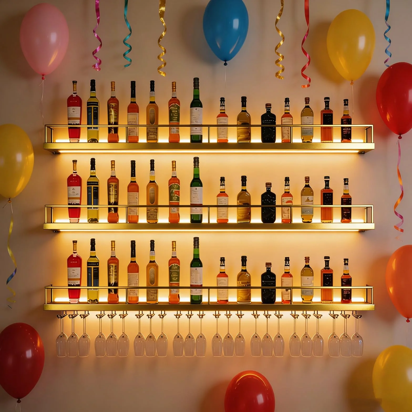 Portabotellas de Pared con Luces LED y Portavasos - Exhibidor de 3 Estantes para Vino, Estructura Metálica, 120cm, Oro