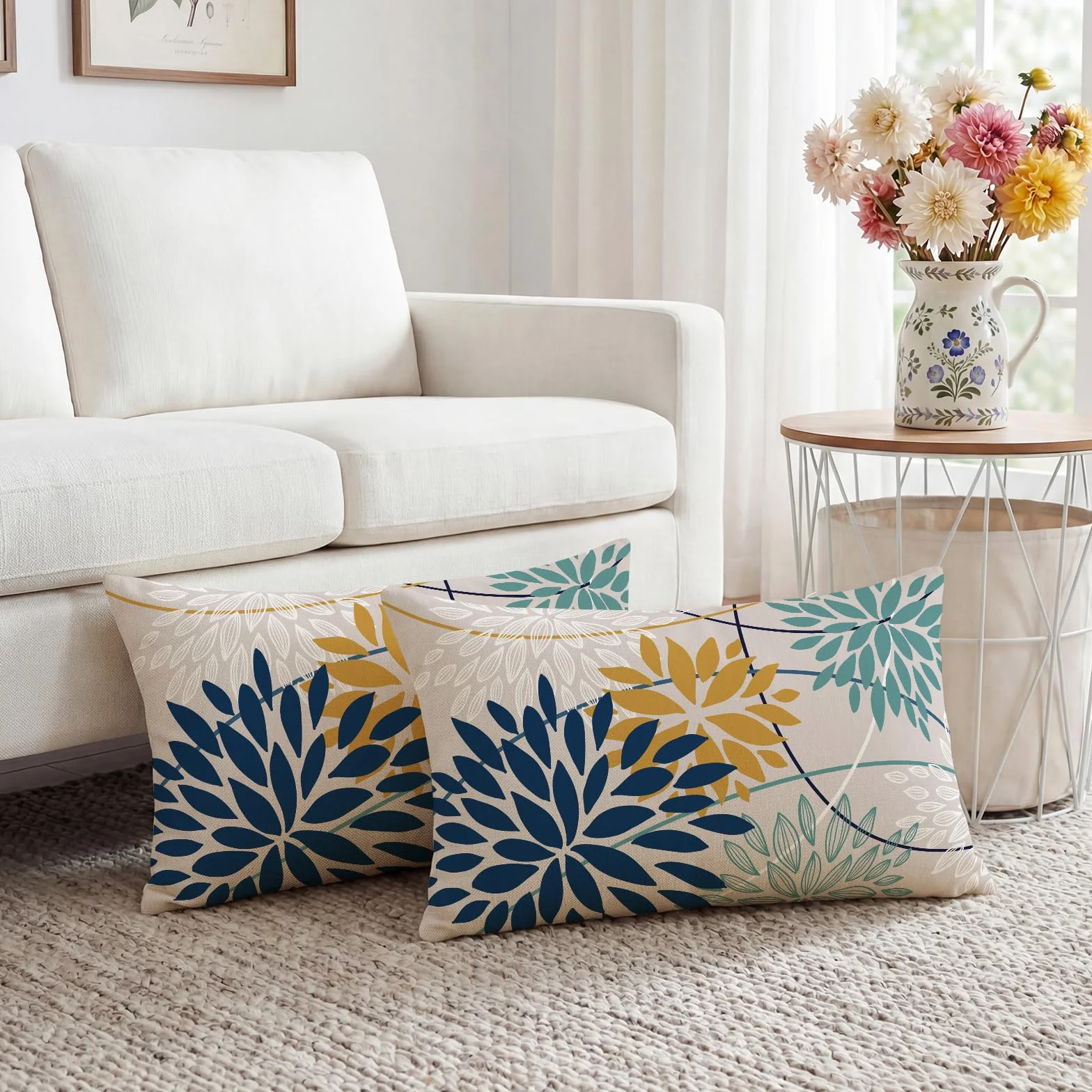 Artscope Funda de Cojín Decorativo 40 x 60 cm Flores Azul Amarillo Lino Geométrica